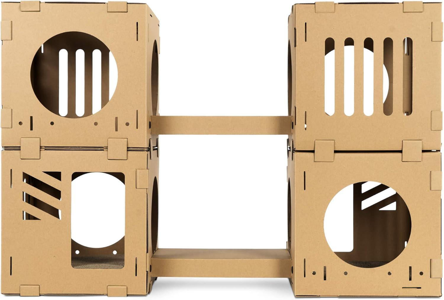 Navaris Modular Cardboard Cat House - DIY Corrugated Cardboard Configurable Play Tower Condo for Small Cats, Kittens, Rabbits - 4 Cubes with 2 Bridges