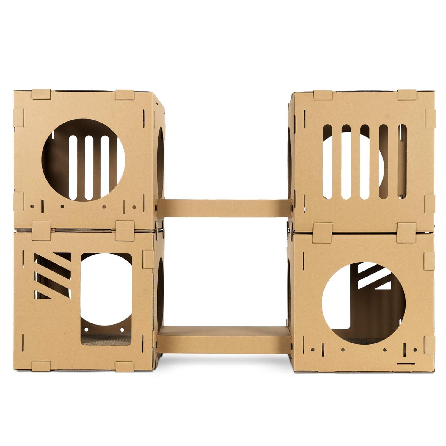Navaris Modular Cardboard Cat House - DIY Corrugated Cardboard Configurable Play Tower Condo for Small Cats, Kittens, Rabbits - 4 Cubes with 2 Bridges