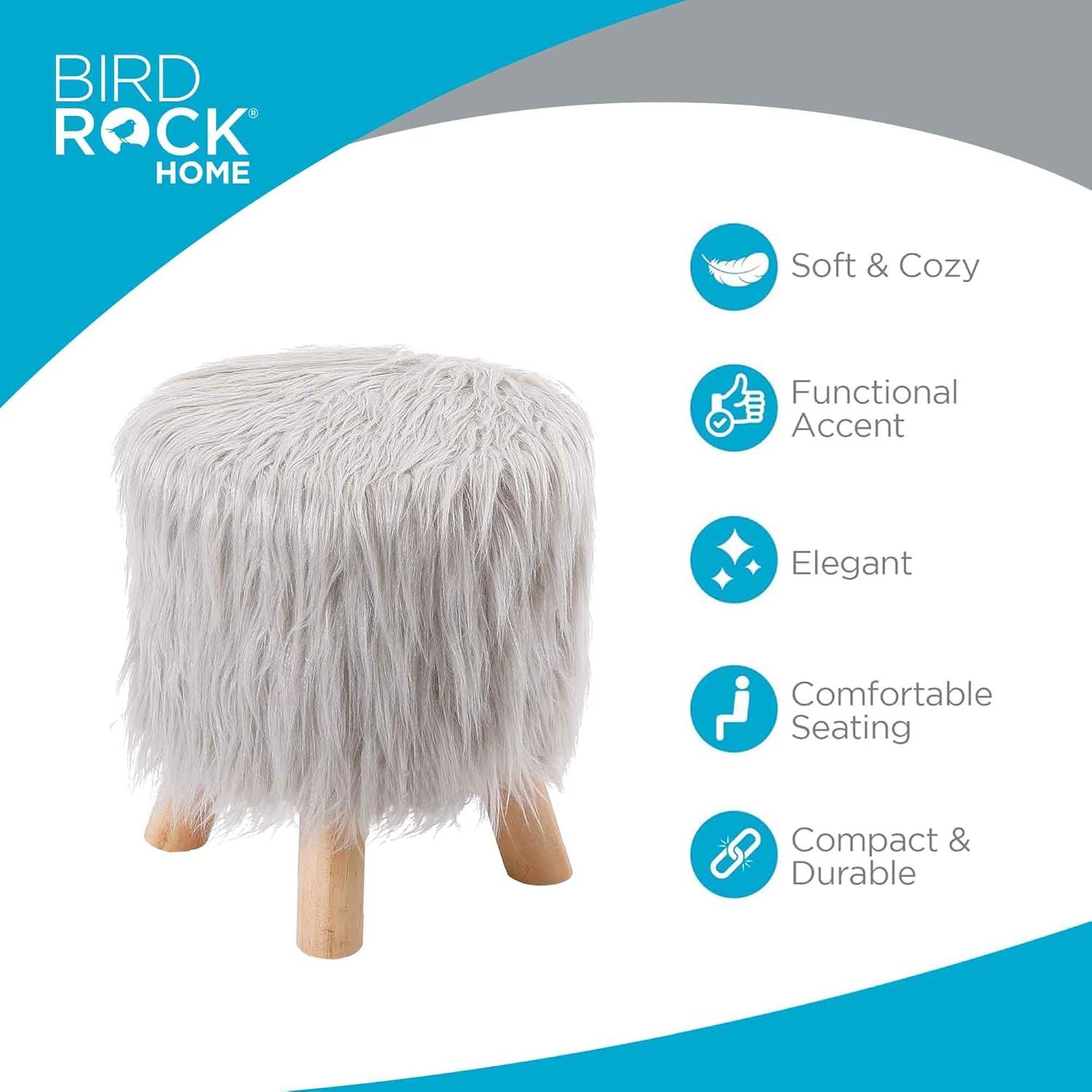 BirdRock Home Faux Fur Foot Stool Ottoman with Wood Legs - Silver