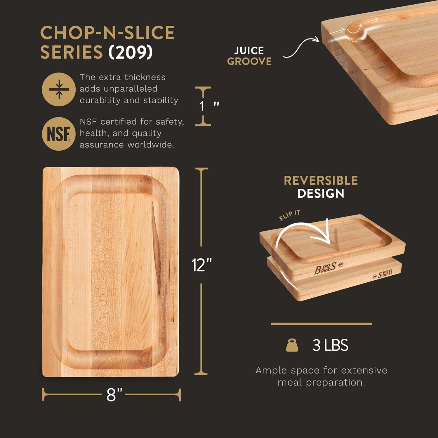 John Boos Small Chop-N-Slice Maple Wood Cutting Board for Kitchen, Reversible Edge Grain Square Butcher Boos Block