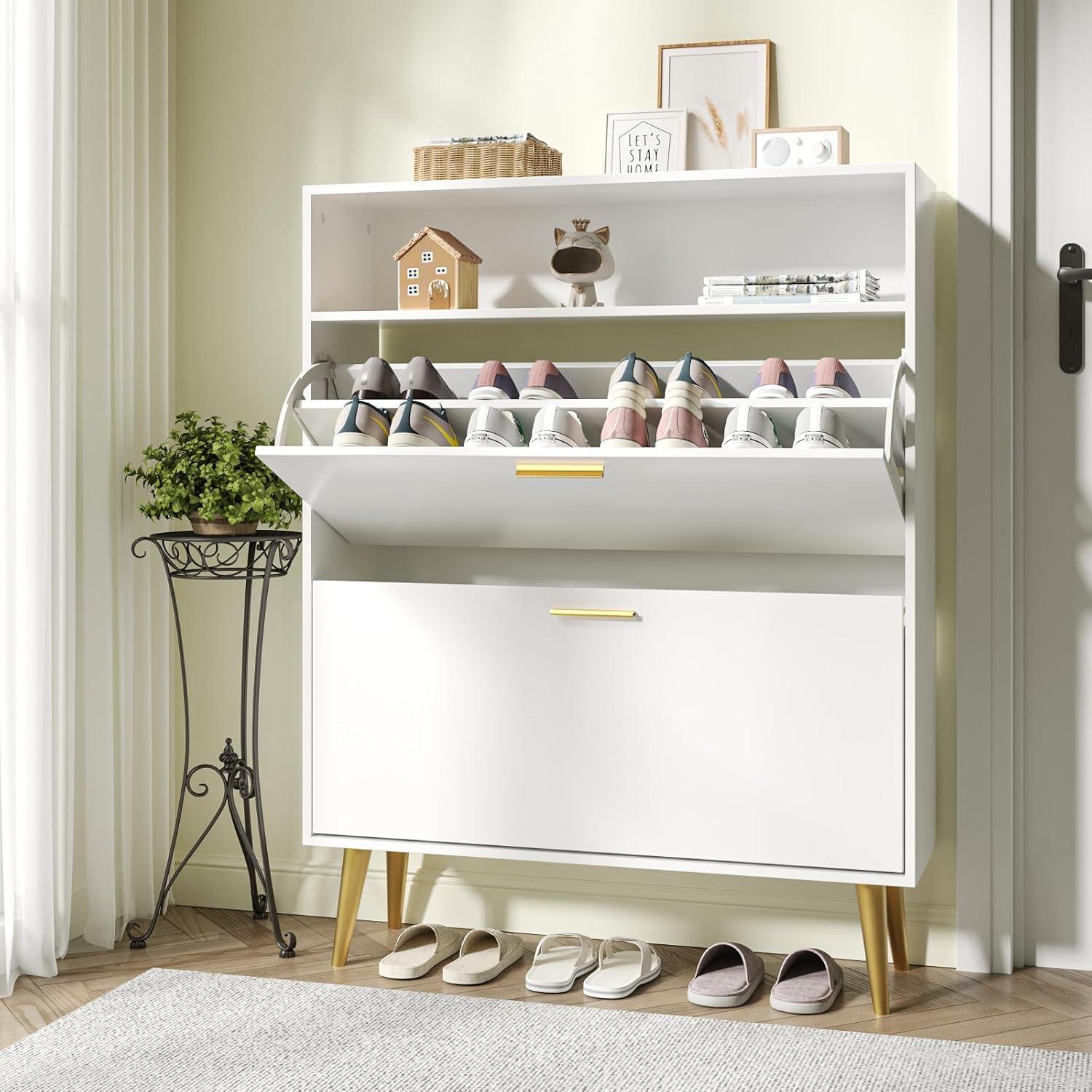 Shoe Cabinet Storage for Entryway  Freestanding Slim Shoe Organizer Cabinet with 2 Flip Drawers  Narrow Shoe Rack with Open Shelves for Hallway  Living Room  White