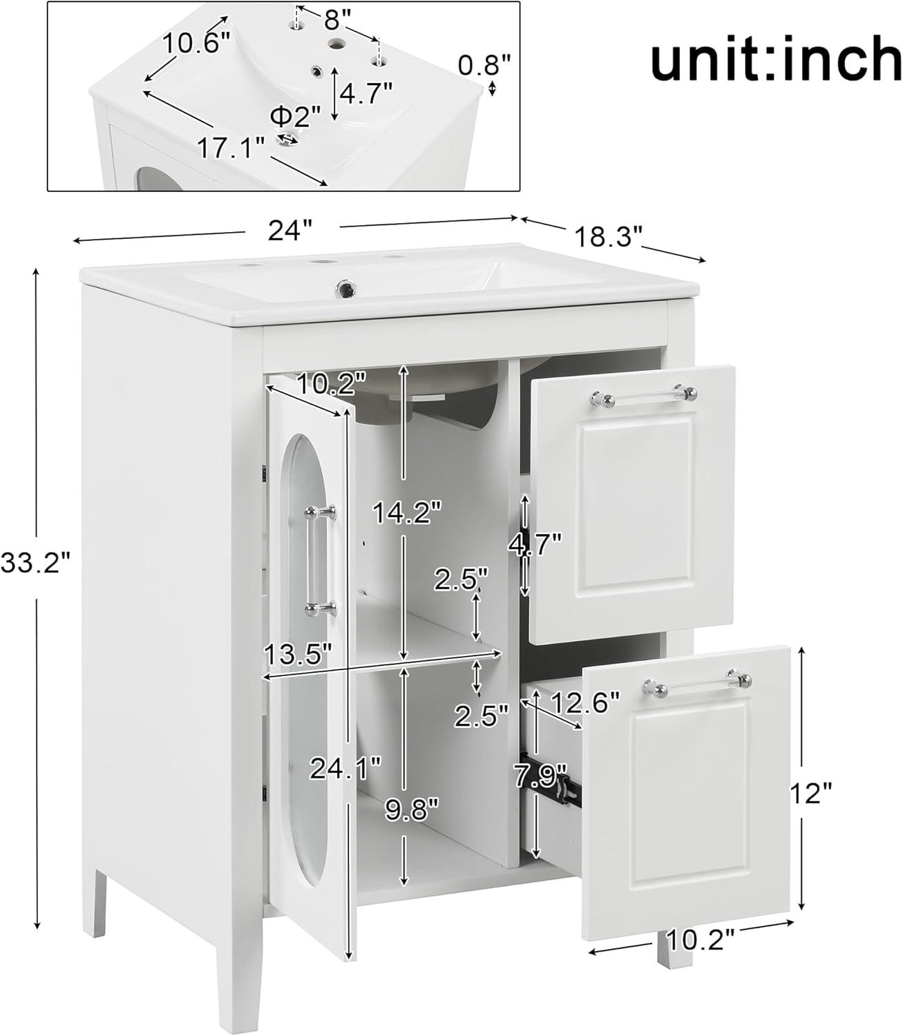 24" White Rubberwood and MDF Freestanding Bathroom Vanity with Sink