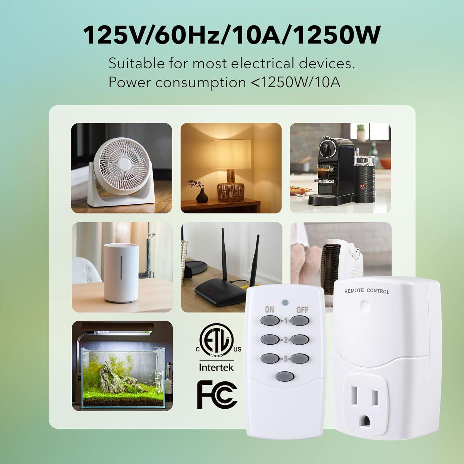 BN-LINK Mini Wireless Remote Control Outlet Switch Power Plug In for Household Appliances, Wireless Remote Light Switch, LED Light Bulbs, White (1 Remote + 3 Outlet) 1250W/10A