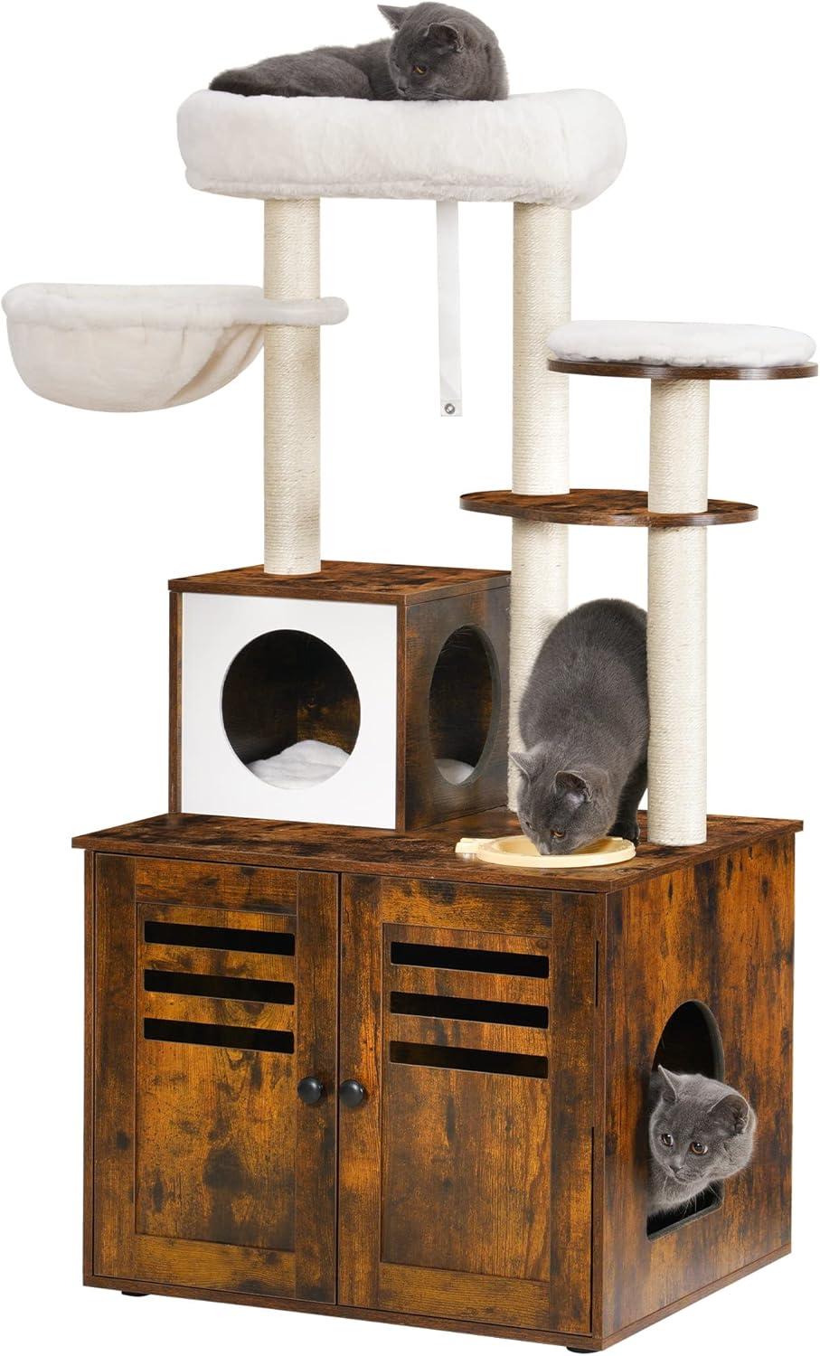 Wood Litter Box Enclosure with Food Station, All-in-one Indoor Cat Furniture with Large Platform and Condo
