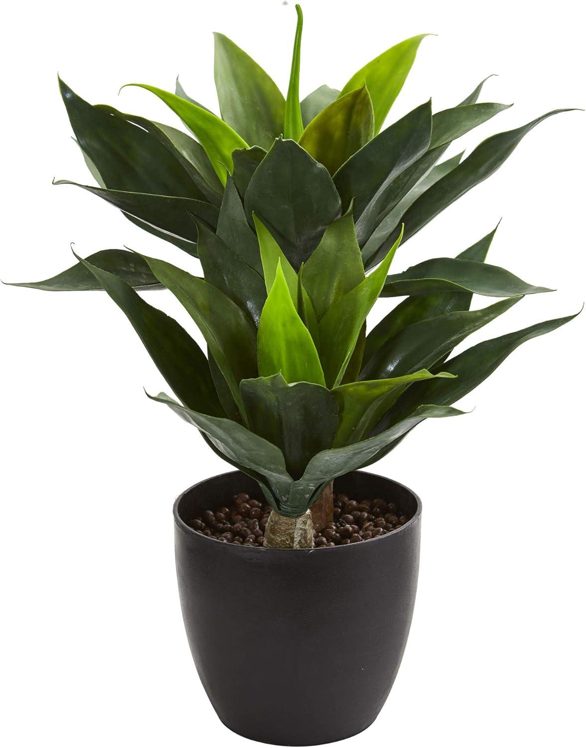 Nearly Natural 21" x 16" Artificial Agave Plant in Decorative Pot Black: Indoor Faux Foliage, Stoneware Planter