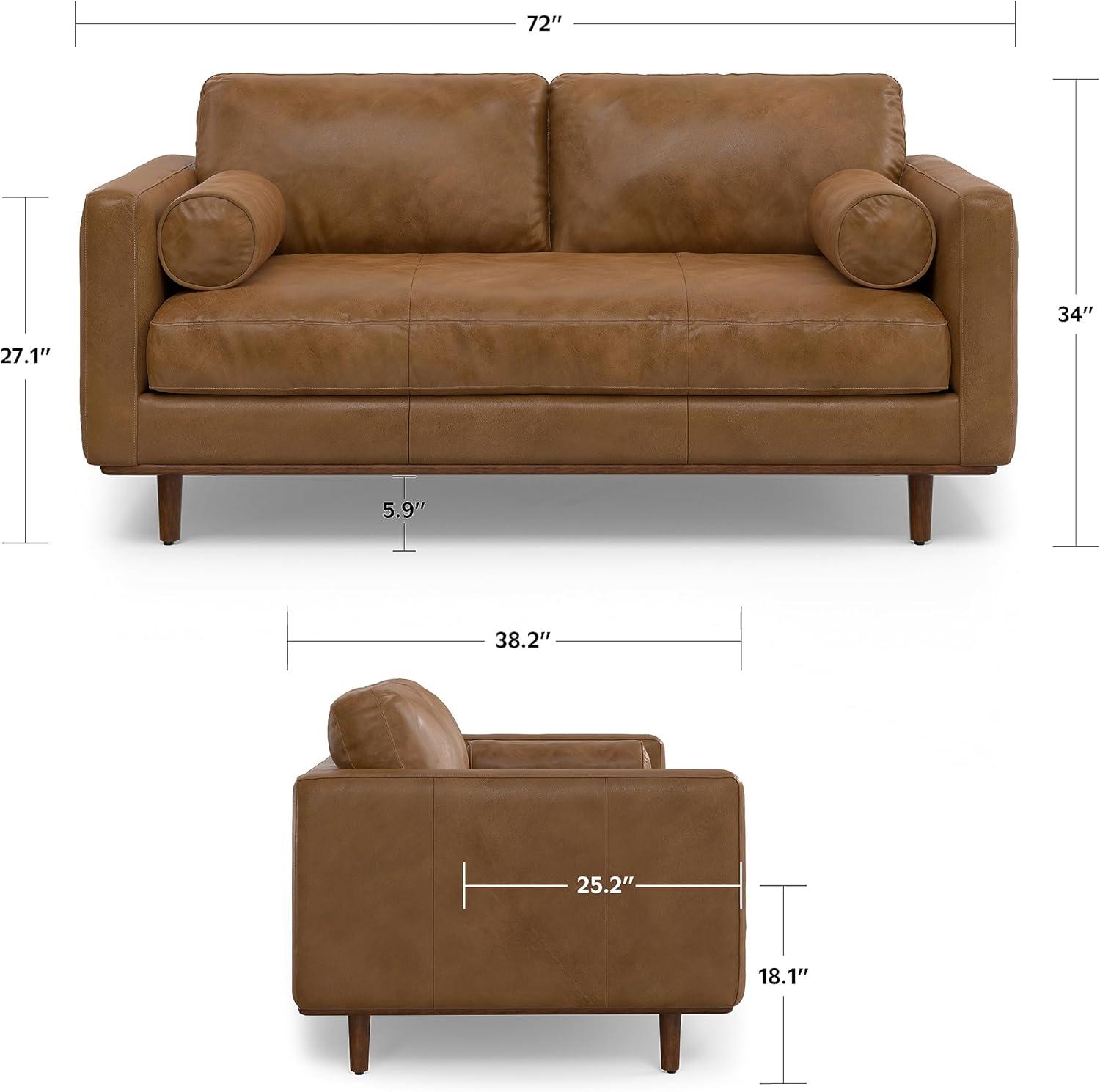 Simpli Home Morrison Mid-Century Modern 72 inch Wide Sofa in Caramel Brown Genuine Leather