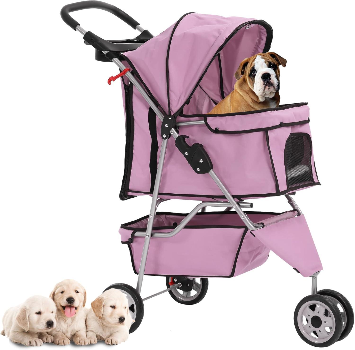 Pink 3-Wheel Foldable Waterproof Dog Stroller with Storage