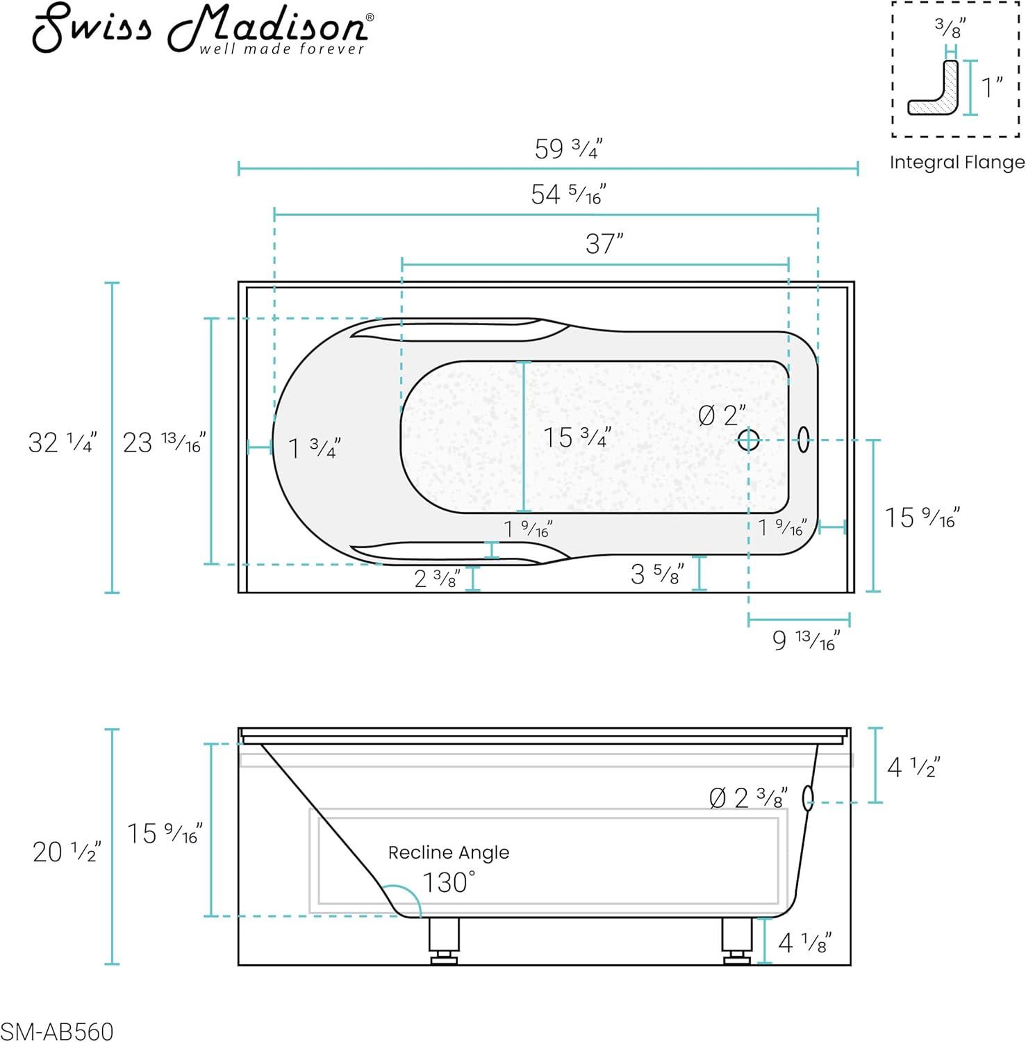 Concorde 60" x 32" Acrylic Glossy White, Alcove, Integral, Apron Bathtub