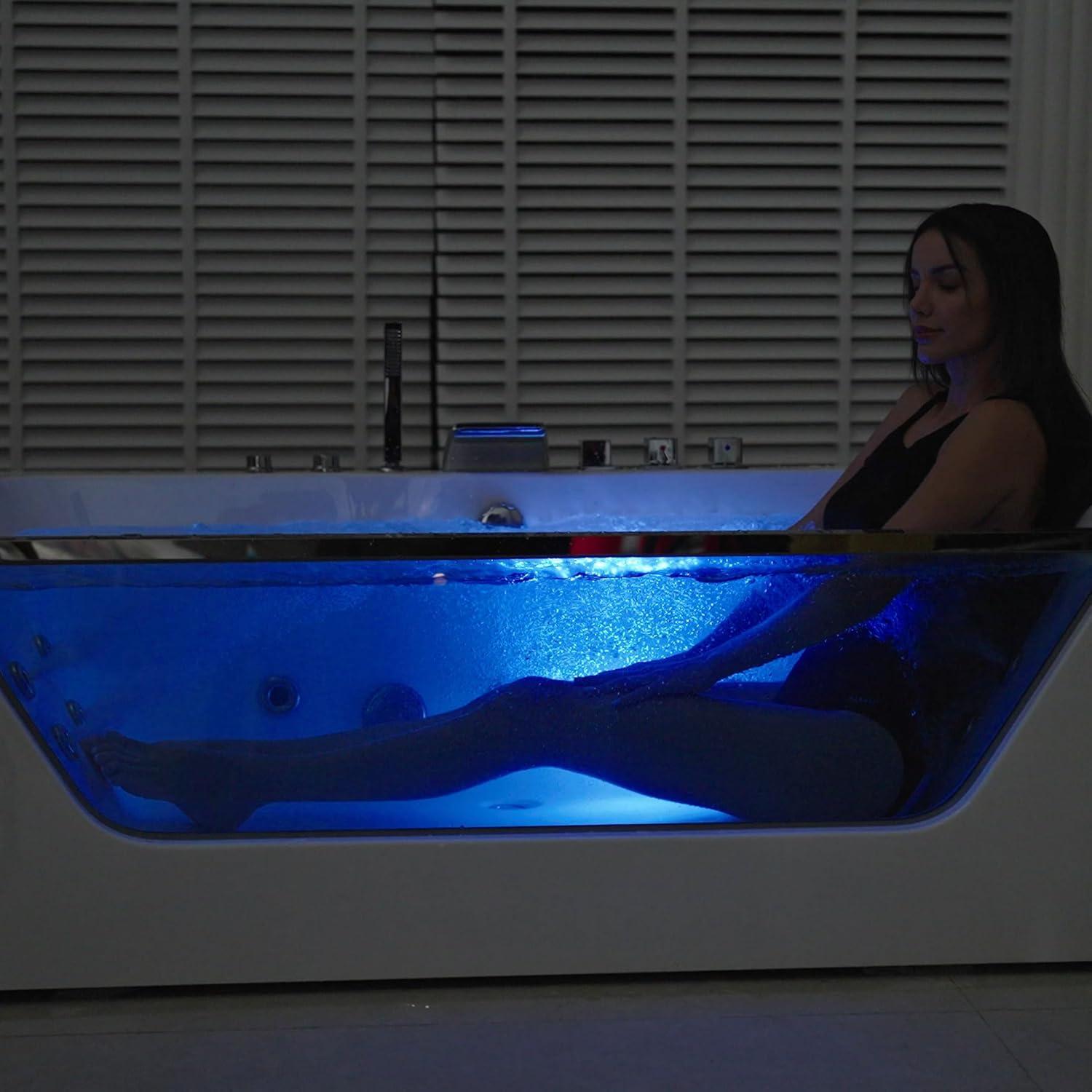 59-Inch White Acrylic Rectangular Whirlpool Bathtub with Jets and Blue Glass Panel