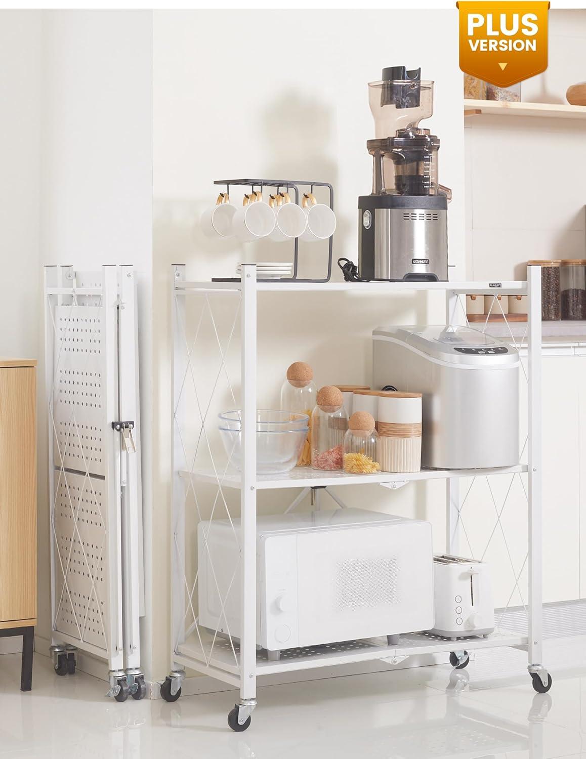 3-Tier Storage Shelves with Wheels, Folding Bookshelf No Assembly, Metal Display Shelf for Balcony, Kitchen, Basement, Pantry, White