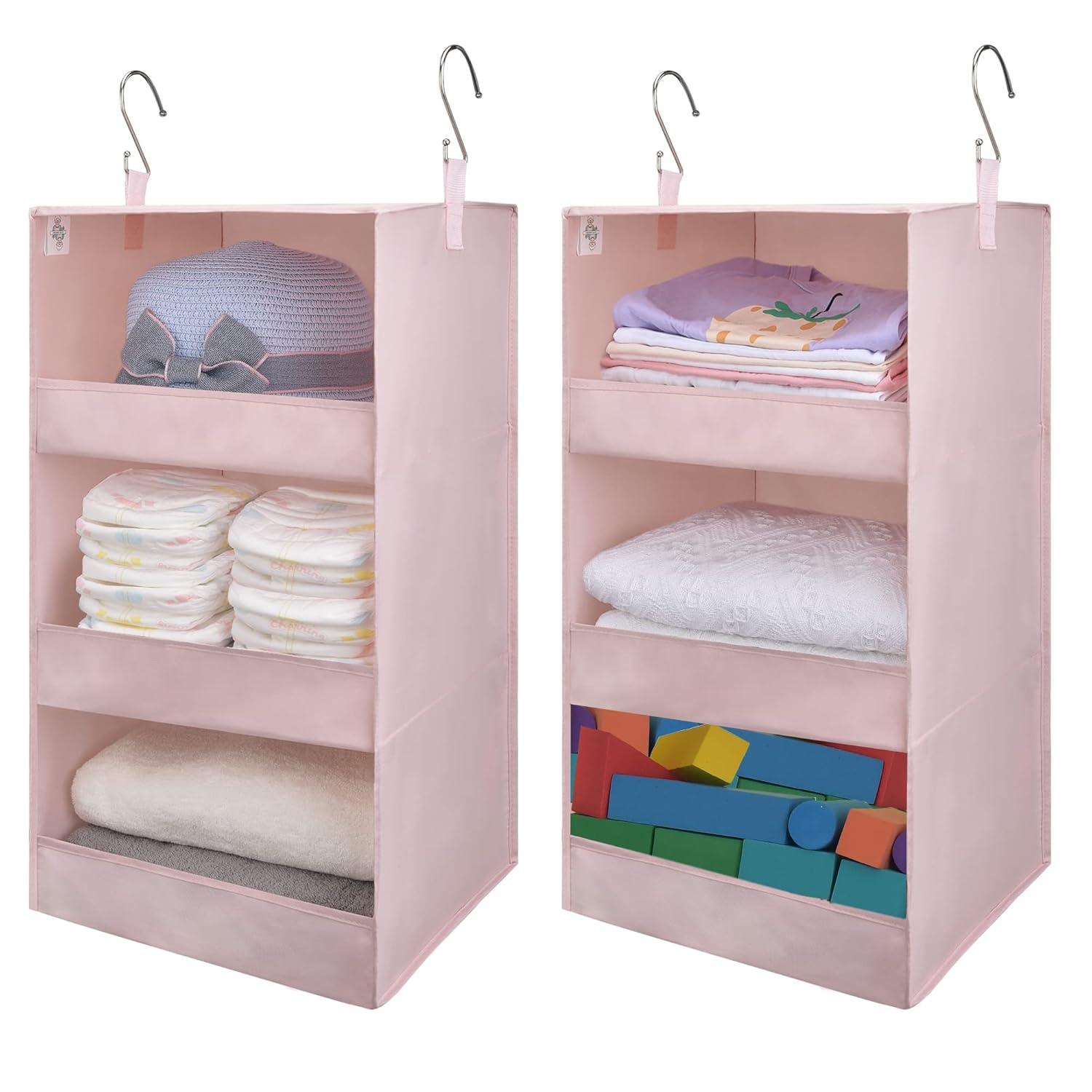 GRANNY SAYS 3 Shelf Hanging Closet Organizers and Storage, Collapsible Closet Storage Organizer with 2 Metal Hooks, Leak-Proof Hanging Shelves for Kids Clothes, Baby Towels, 2 Pack, Pink