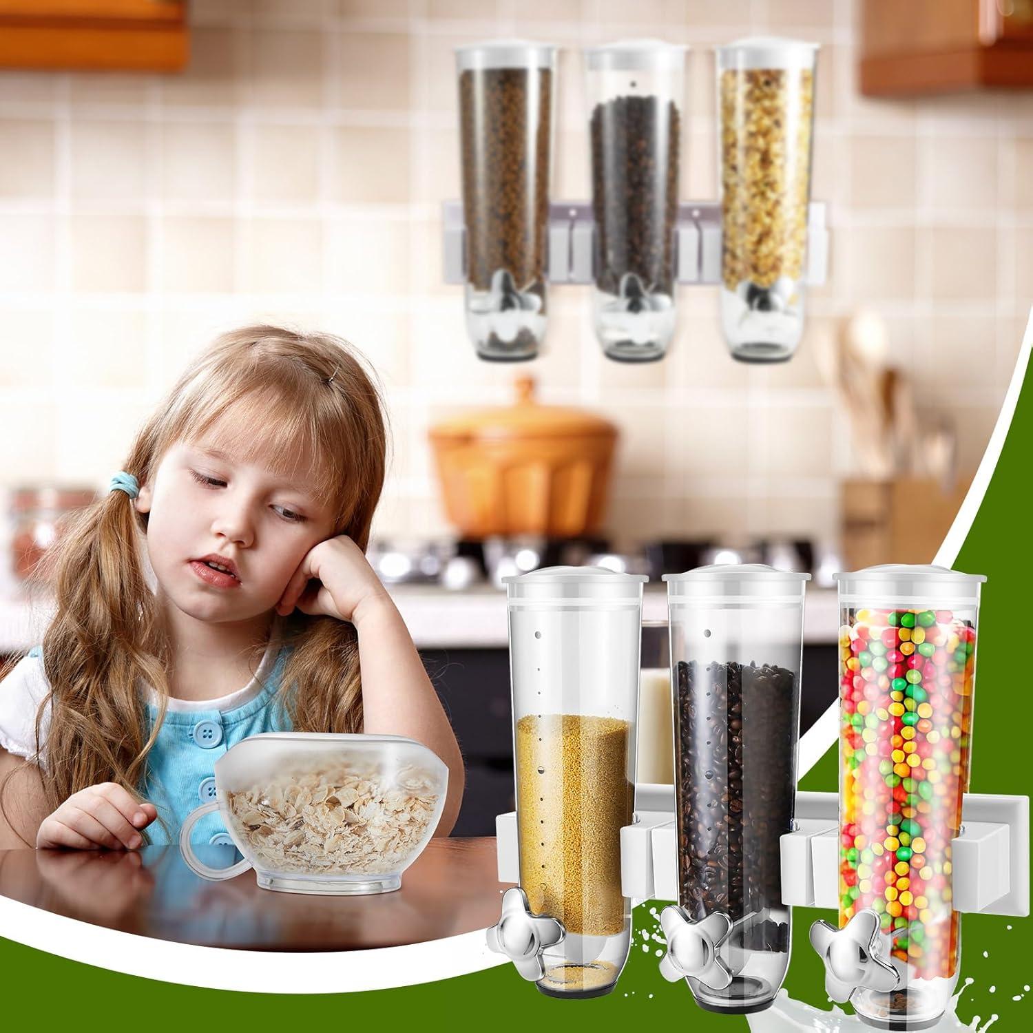 Umigy 2 Pcs Candy Dispenser Wall Mounted, Triple Dry Cereal Grain Dispenser Machine Wall Mount, Food Storage Container for Pantry Snack with 3 Cup for Kitchen, 39 oz (White)