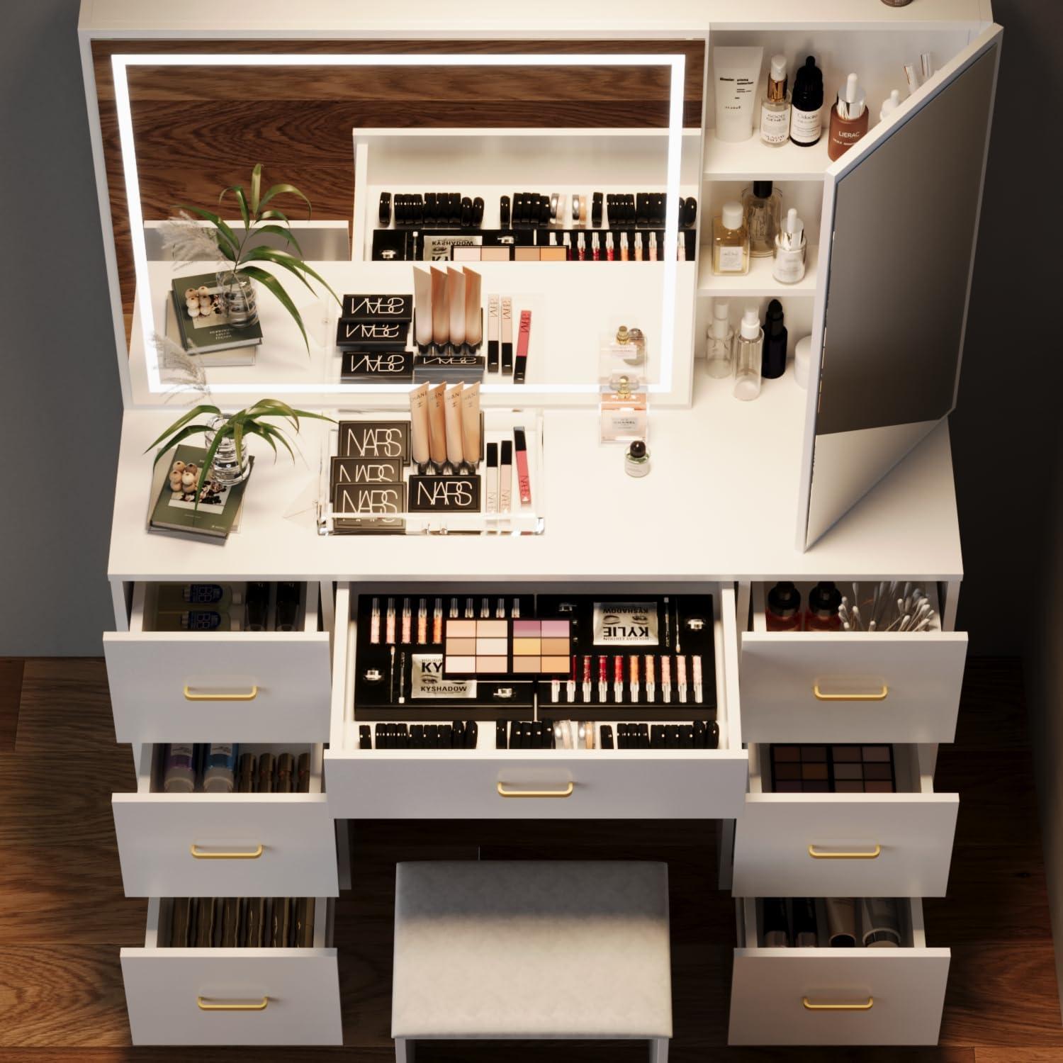 Vanity Desk with Lighted Mirror,Makeup Table with 7 Drawers,Wildhome Brand,Adult Age Group