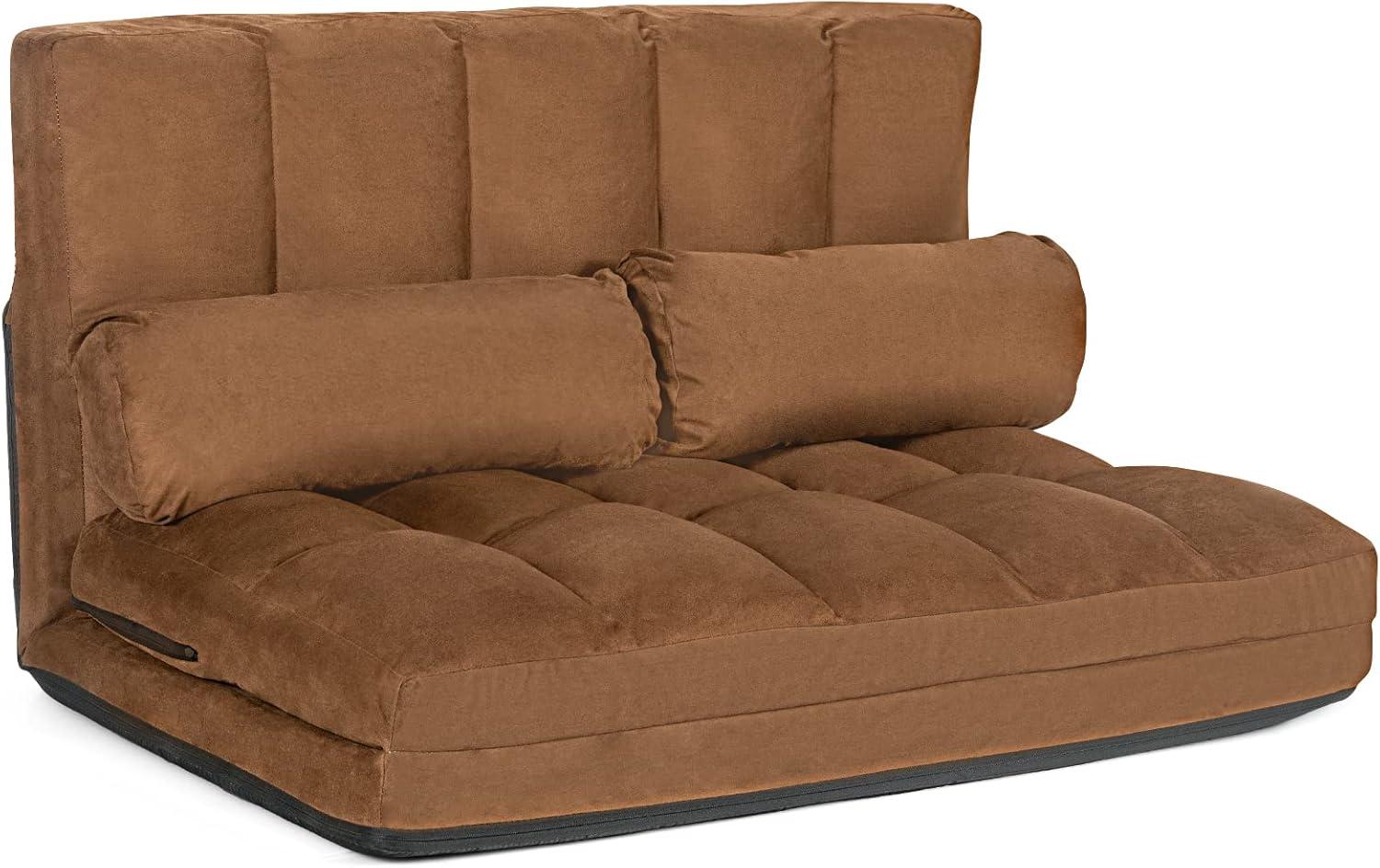 Brown Suede Adjustable Reclining Floor Sofa Bed with Pillows