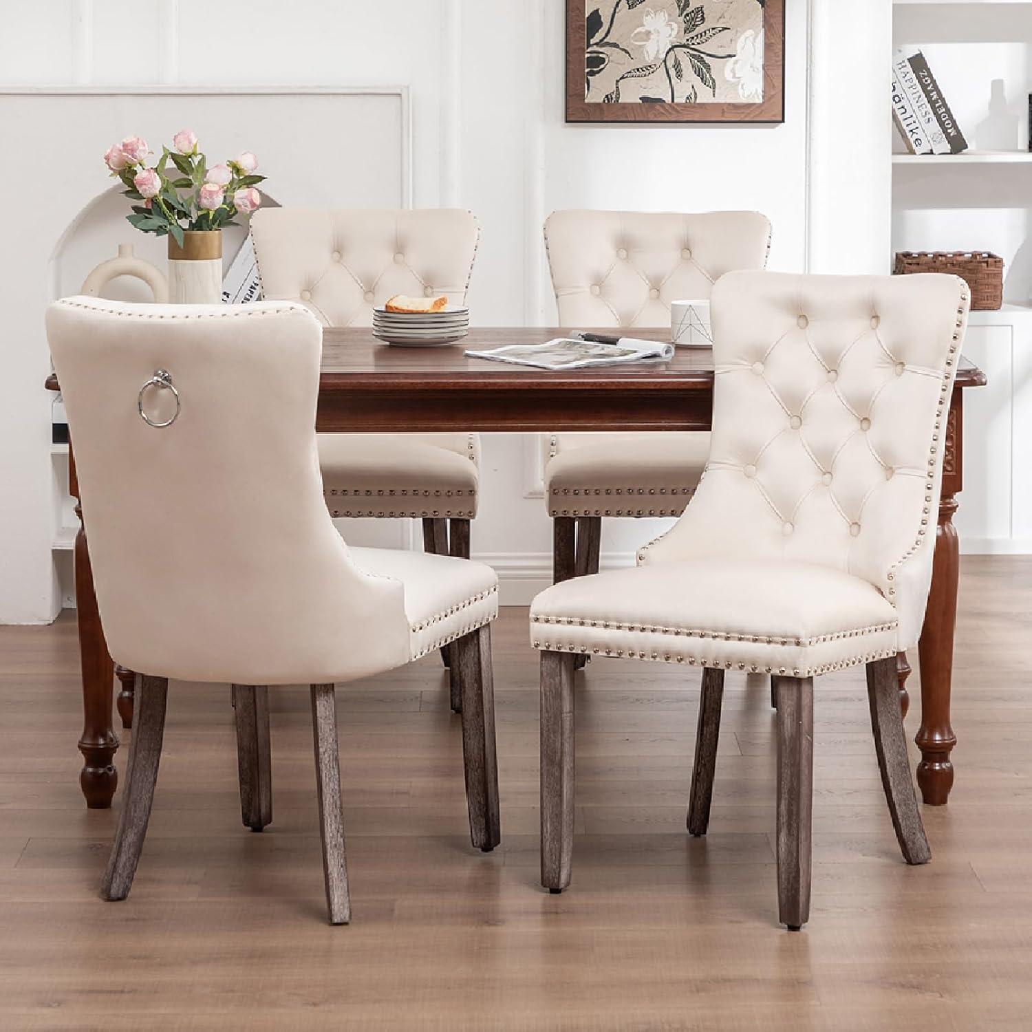 SoarFlash Velvet Dining Chairs Set of 4, Tall Back Side Chair, Modern Upholstered High-end Tufted Side Chair with Button Back Ring, Solid Wood Legs (Beige)