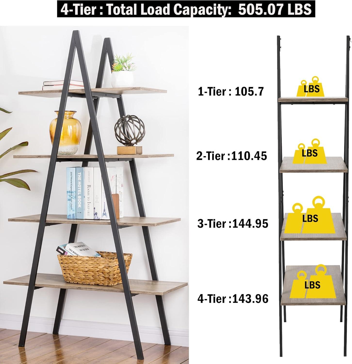 Glitzhome 64.5"H Modern Industry Wooden Oak Melamine 4-Tier Metal/ Wooden Leaning Bookcases & Ladder Shelves