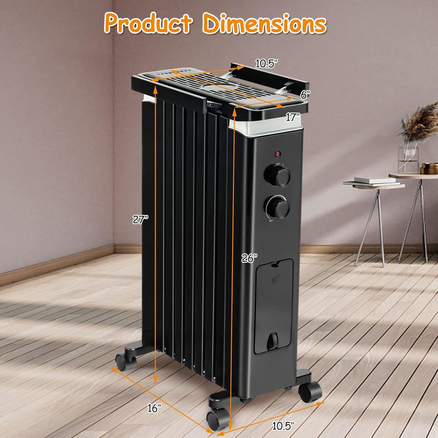 Black 1500W Portable Oil Filled Radiator Heater with Thermostat