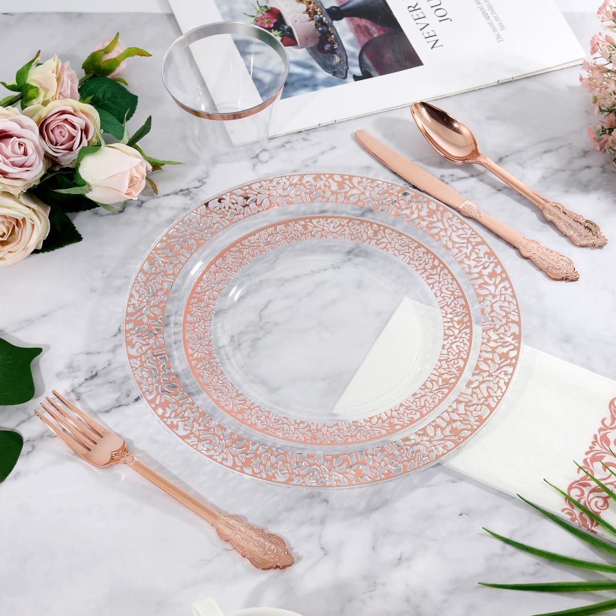 Rose Gold and Clear Plastic Dinnerware Set for 50 Guests