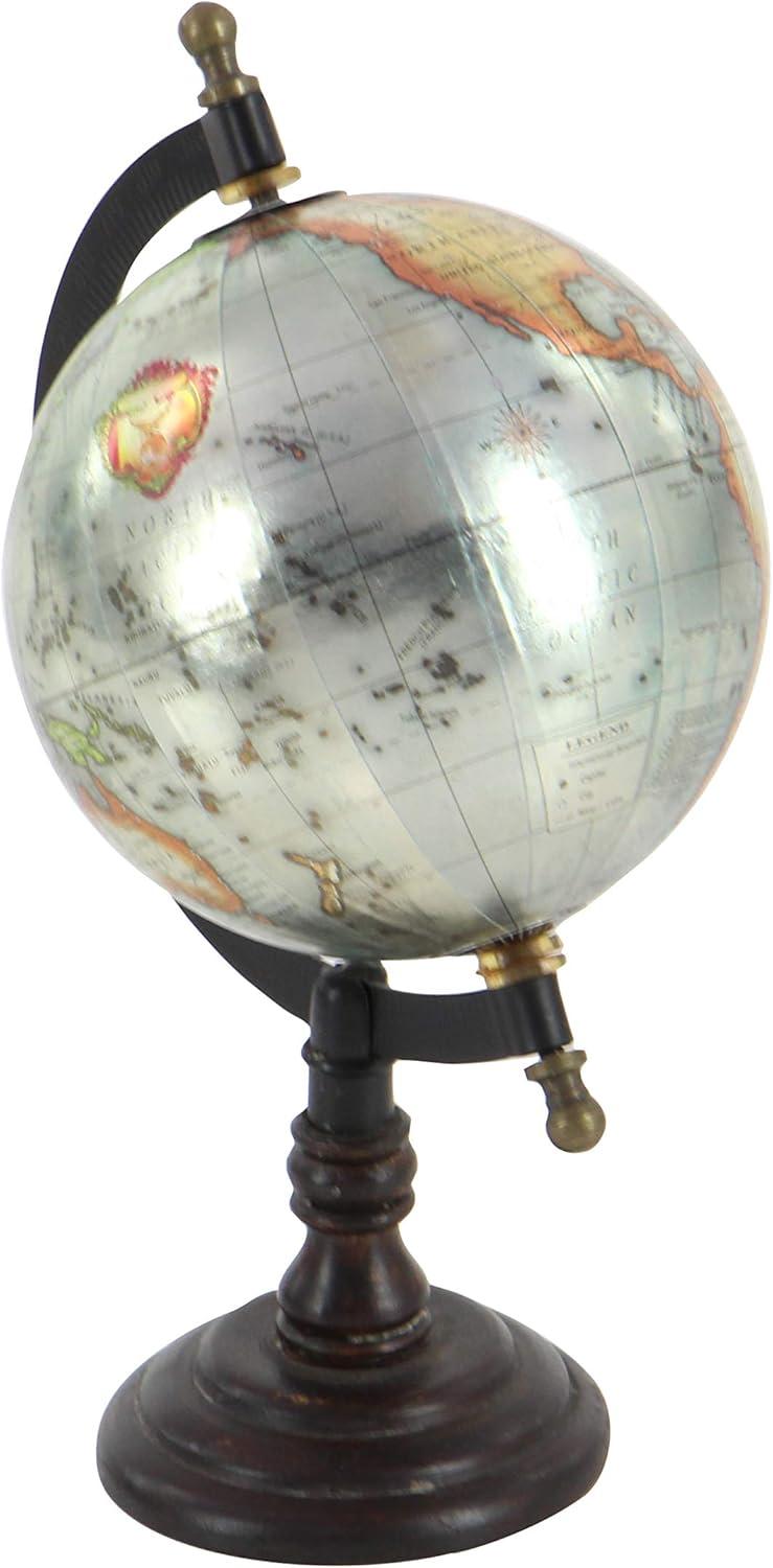 Dec Mode Traditional Mango Wood and Iron Colorful Spinning Globe Table-Top Décor, 6"W x 10"H, Brown, Features a Round Orb with Topographical Map