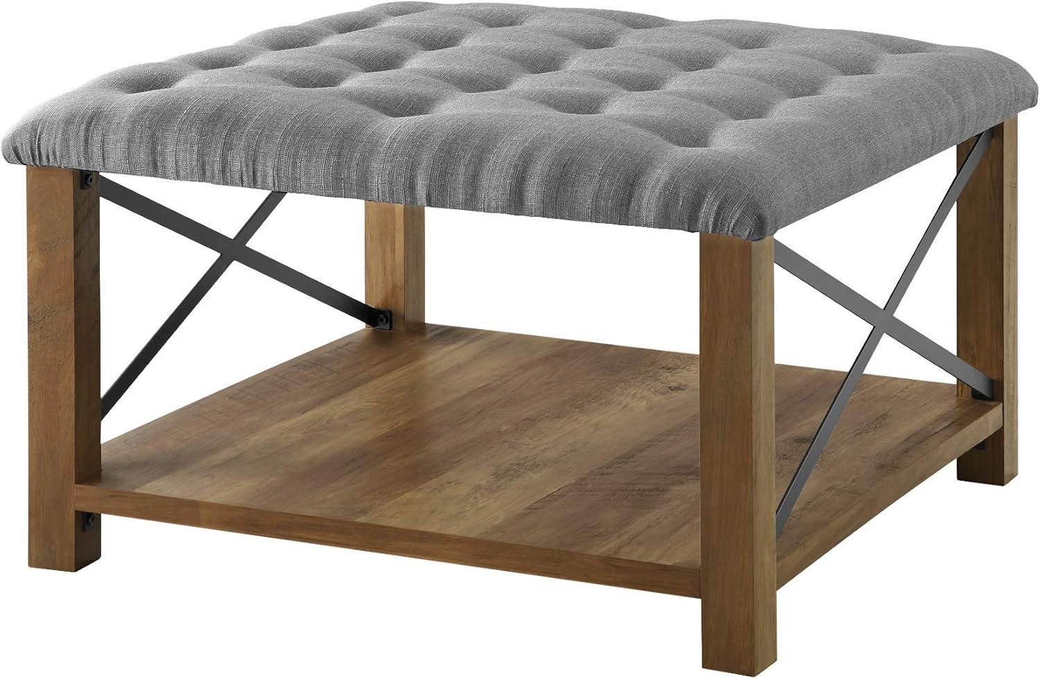 Walker Edison Marcus 30" Square Tufted Fabric Upholstered Ottoman in Gray