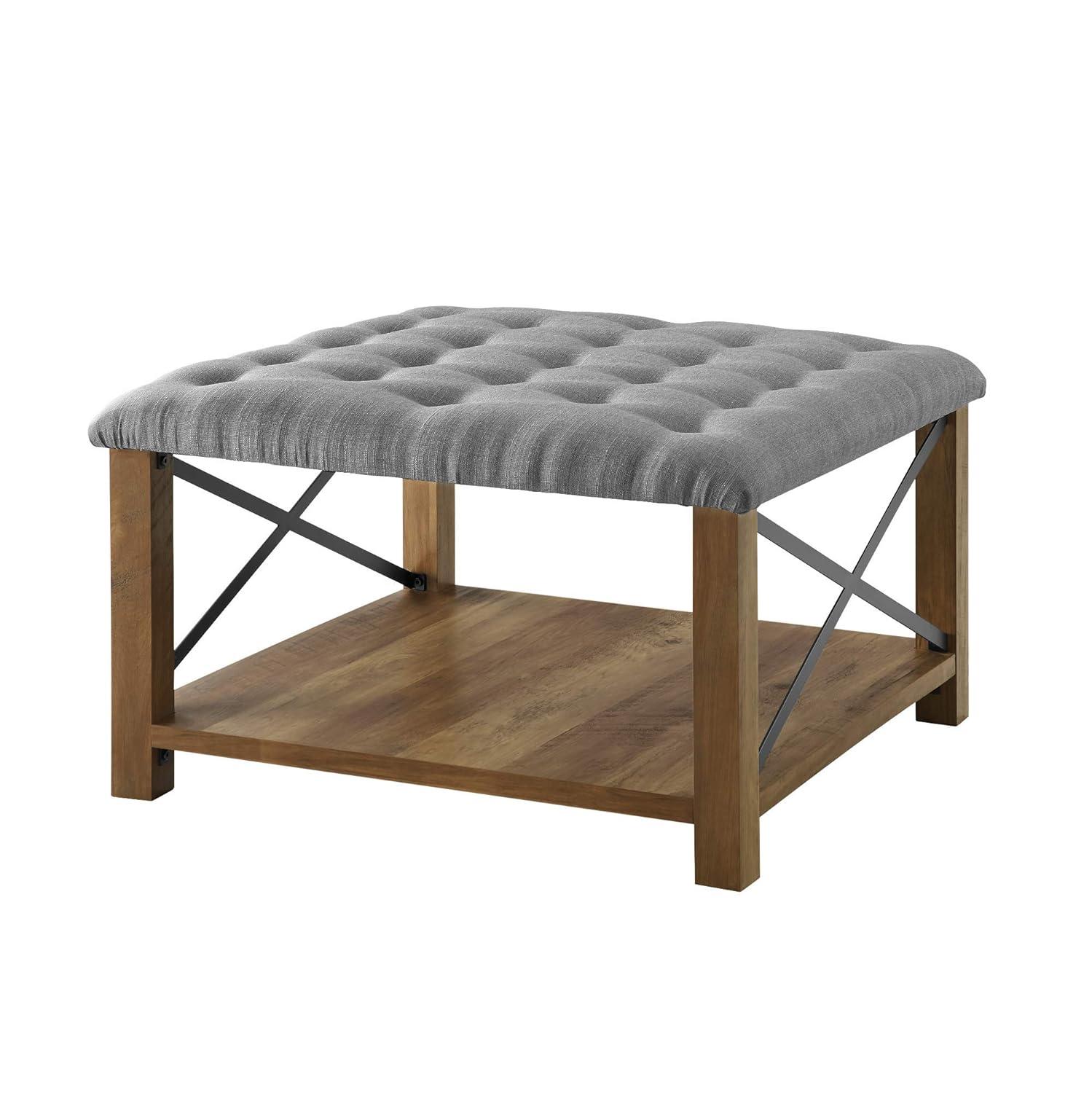 Walker Edison Marcus 30" Square Tufted Fabric Upholstered Ottoman in Gray