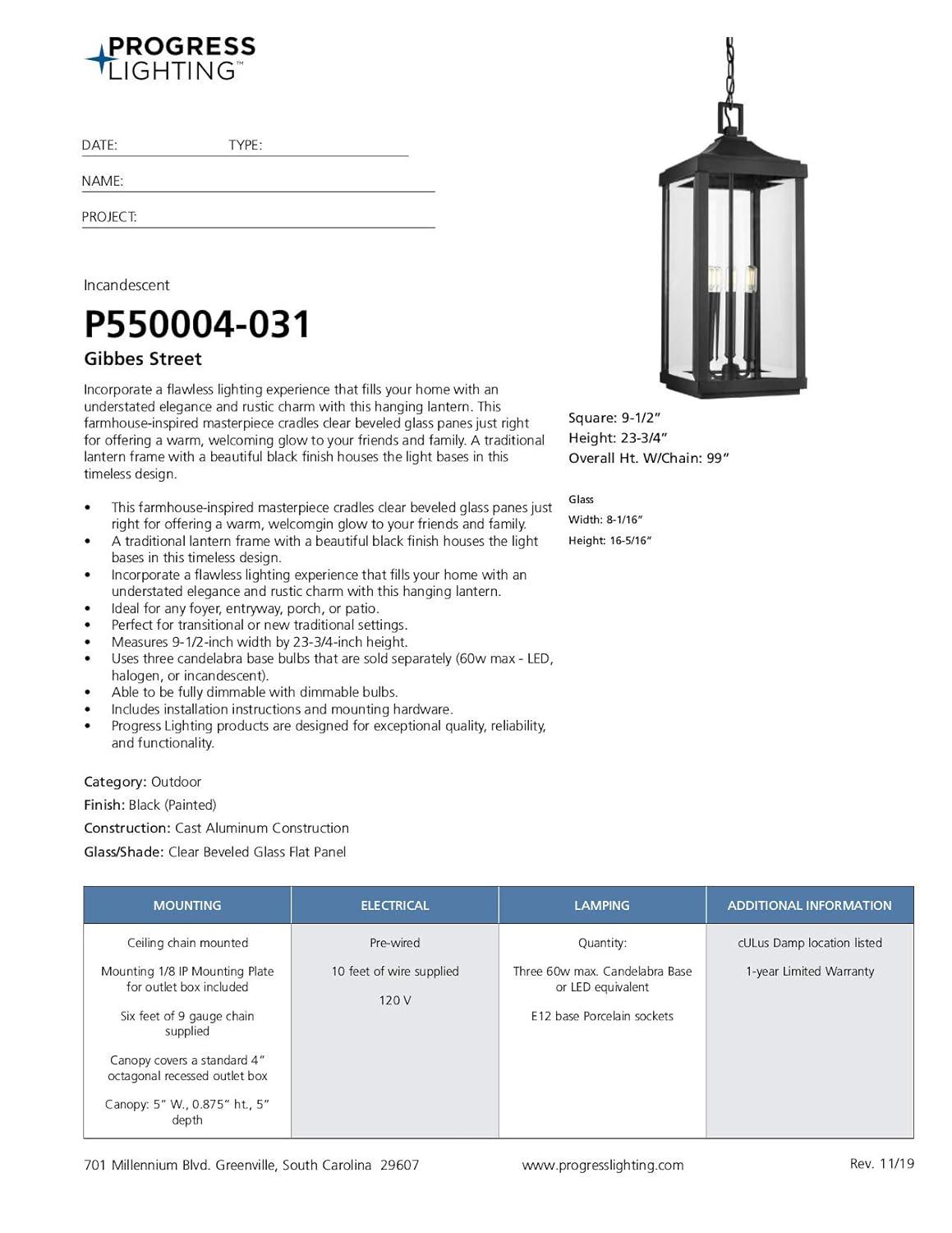 Progress Lighting Gibbes Street 3-Light Outdoor Hanging Lantern, Antique Bronze, Etched White Pillar Shade