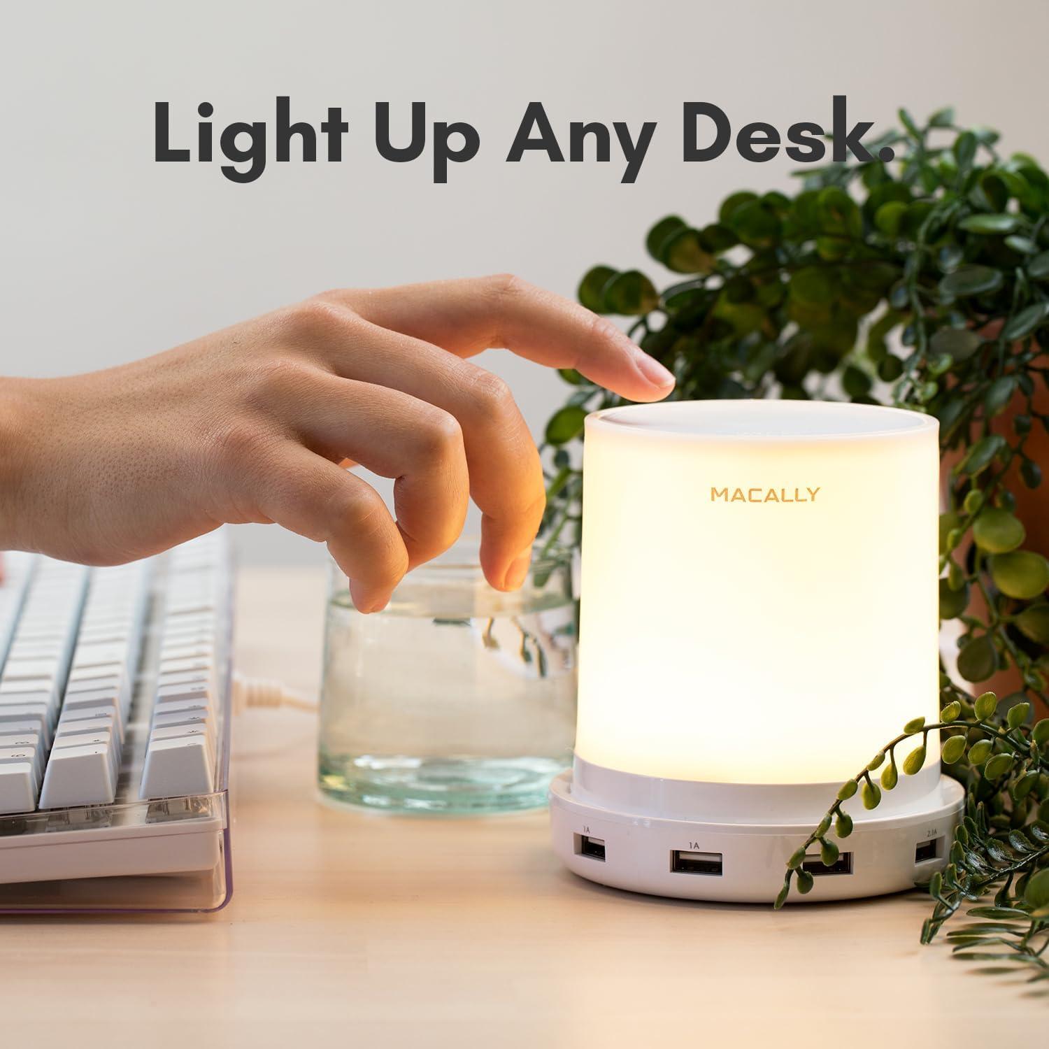 Macally LED Dimmable Warm White Desk, Nightstand and Bedside Charging Lamp