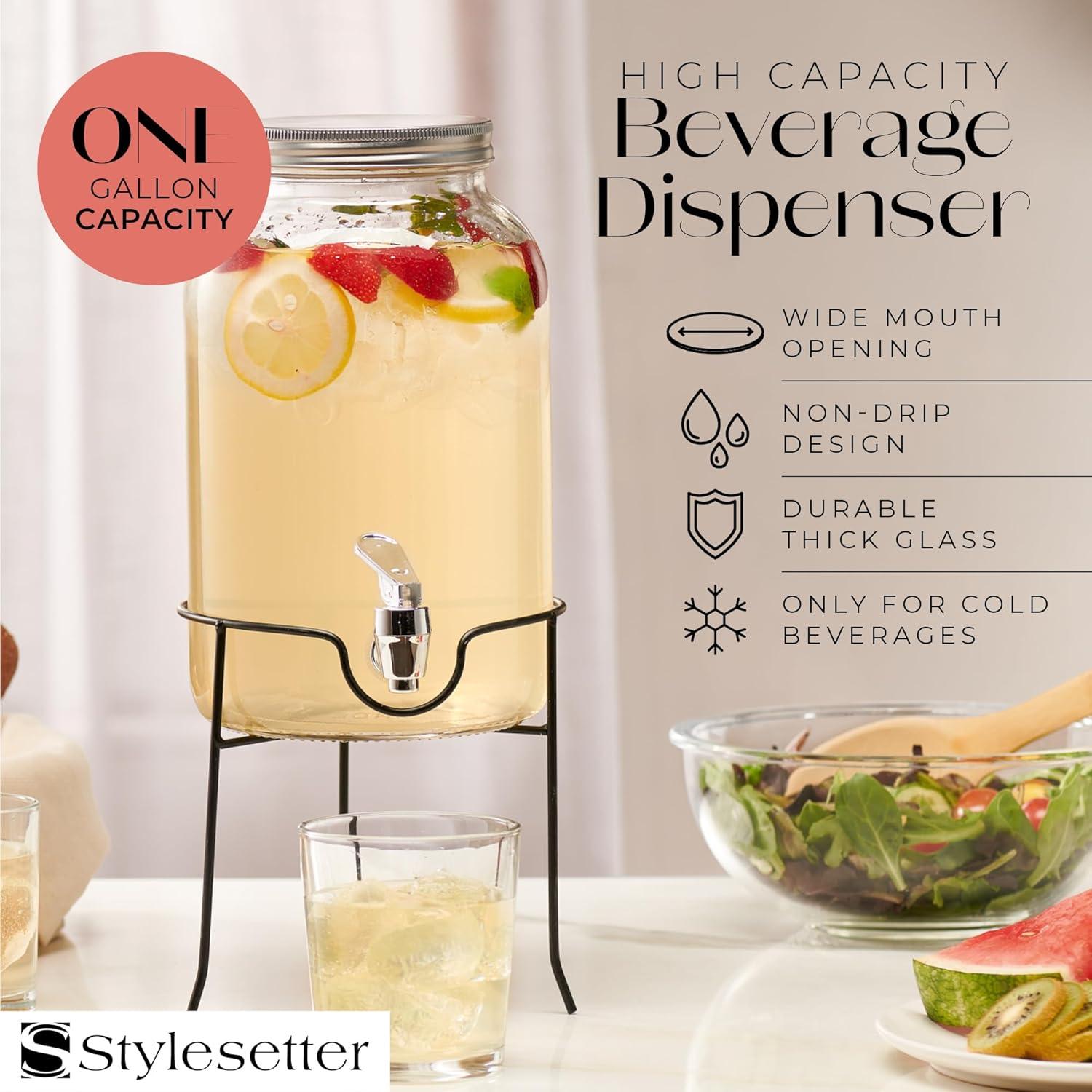 Clear Glass Beverage Dispenser with Metal Stand and Spigot