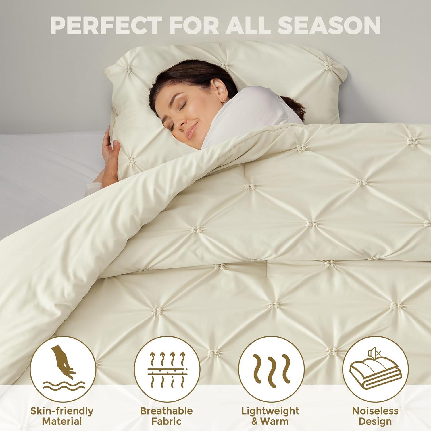 WOLKI Queen Size Comforter Set Cream, 3 Pieces Bed Lightweight Solid Bedding Comforters Sets, All Season Fluffy Down Alternative Comforter Bed Set Quilt Blanket