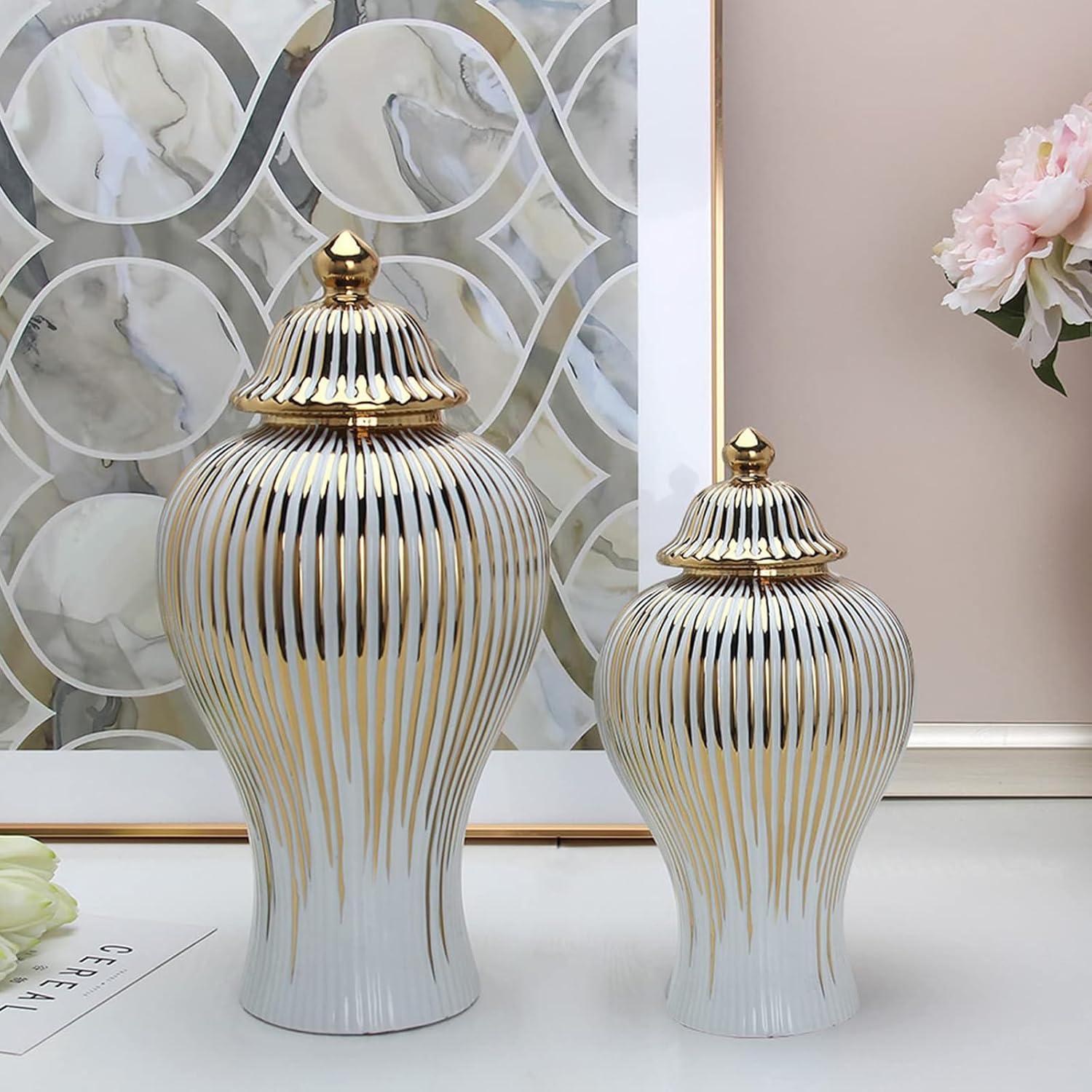 Large White and Gold Ceramic Ginger Jar Vase with Lid