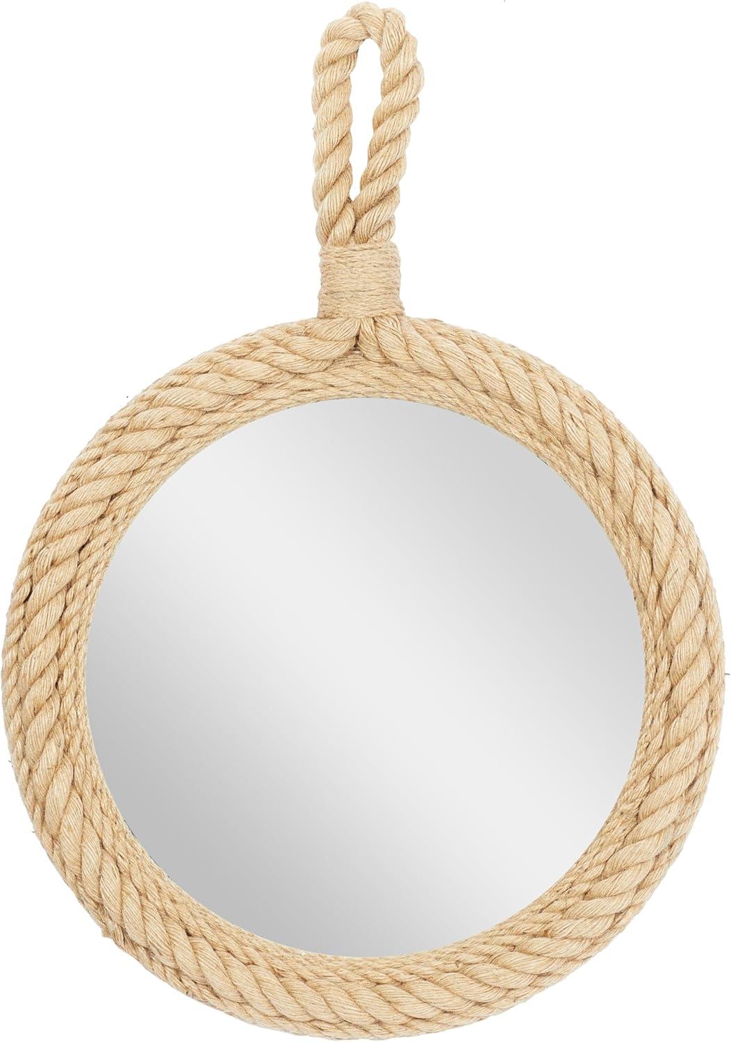 Nautical Round Wood Decorative Mirror with Rope Trim