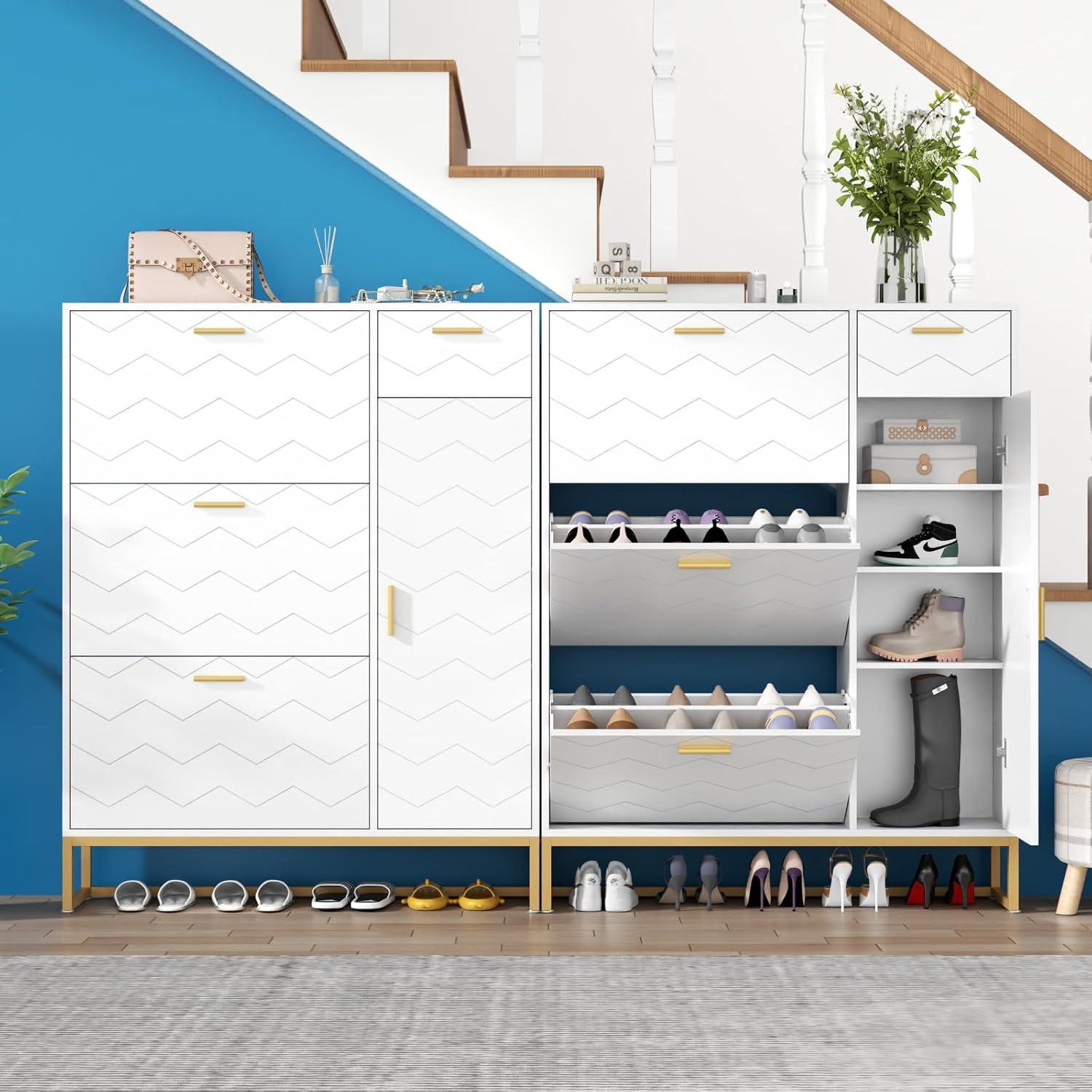 Everly Quinn Shoe Storage Cabinet, Free Standing Shoe Organizer with 3 Flip Drawers and Side Cabinet