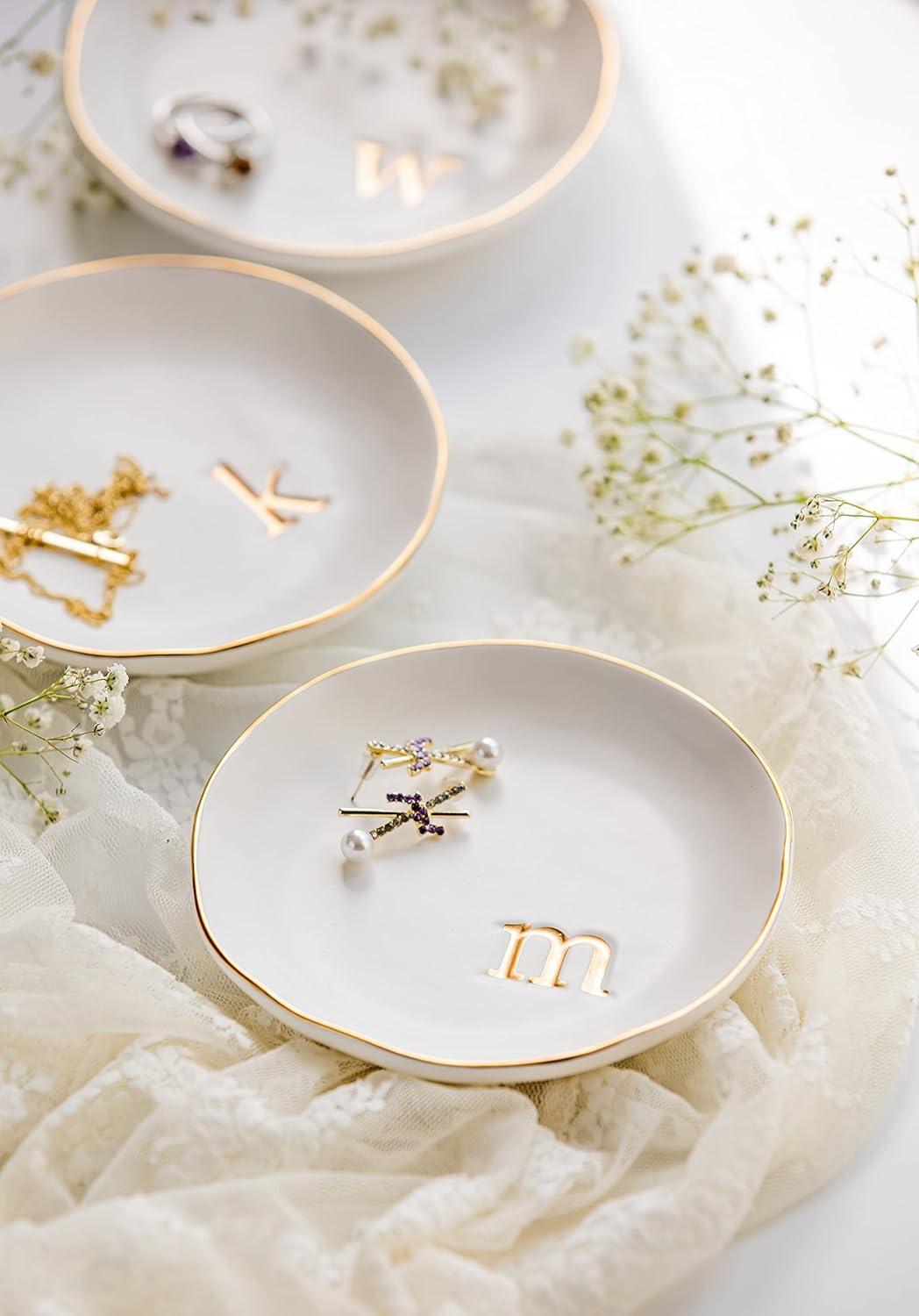 White Ceramic Jewelry Dish with Gold Monogram Accent