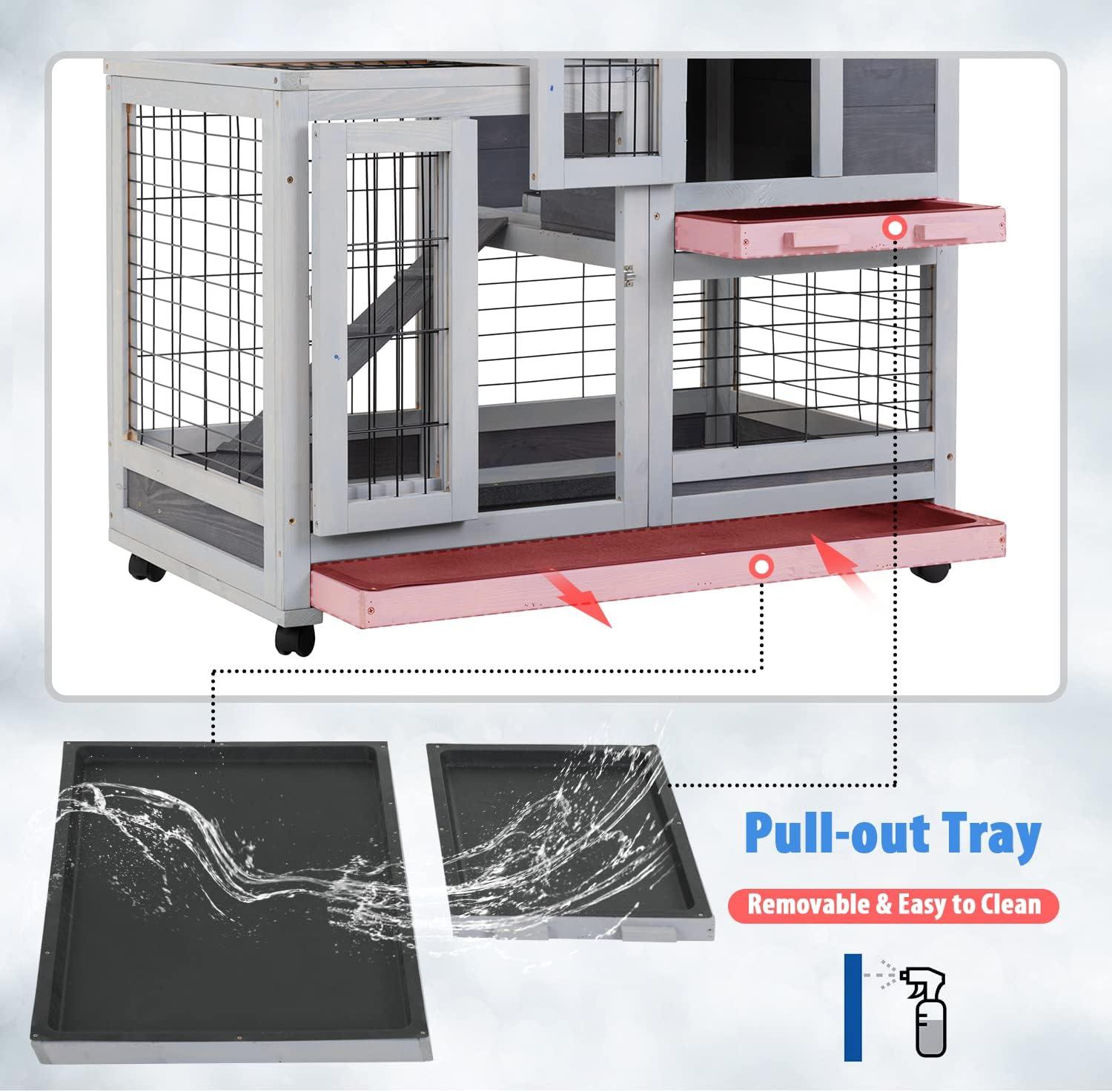 BestPet Rabbit Cage Wooden Rabbit Hutch Two Layers Chicken Coop Outdoor Indoor Guinea Pig Cage Bunny Cage Waterproof Roof Bunny Hutch with Casters and Tray