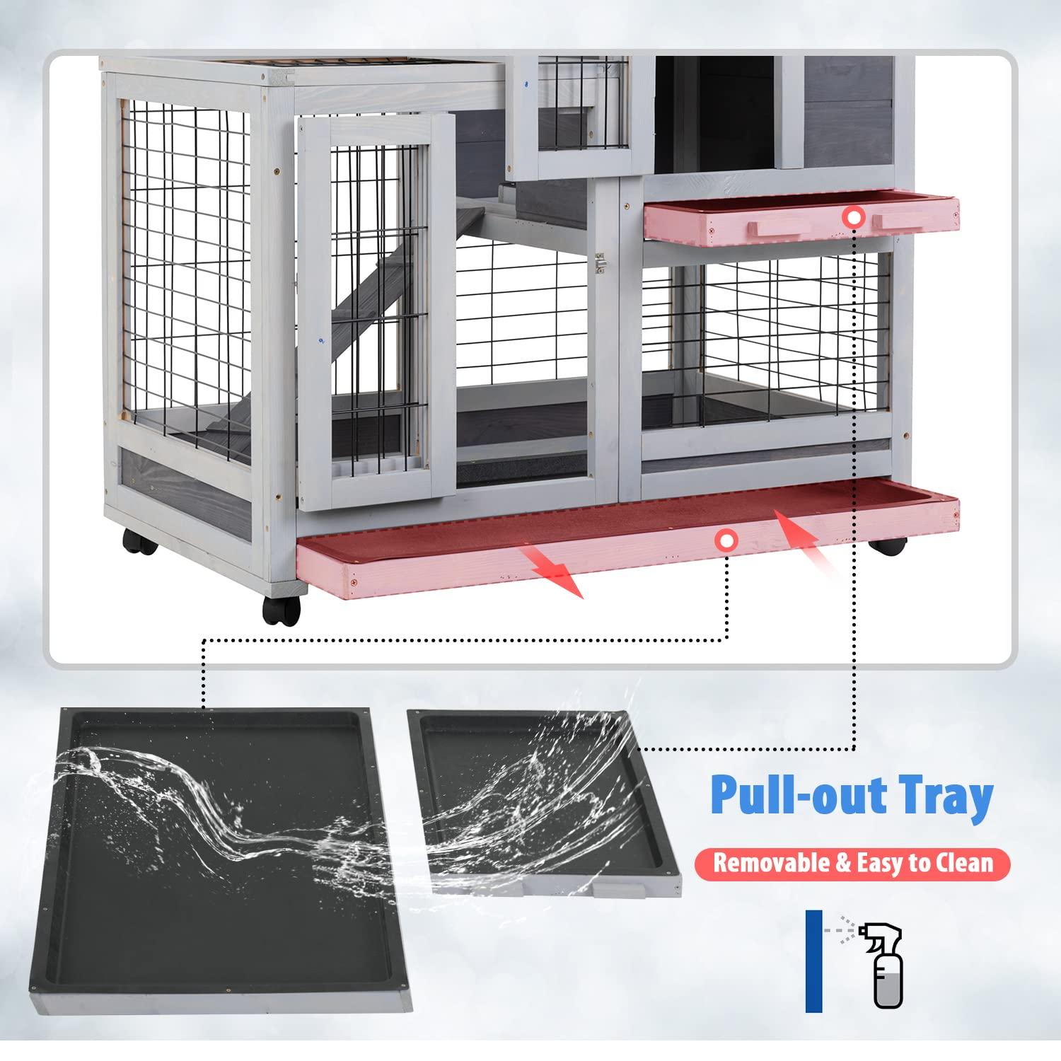 BestPet Rabbit Cage Wooden Rabbit Hutch Two Layers Chicken Coop Outdoor Indoor Guinea Pig Cage Bunny Cage Waterproof Roof Bunny Hutch with Casters and Tray
