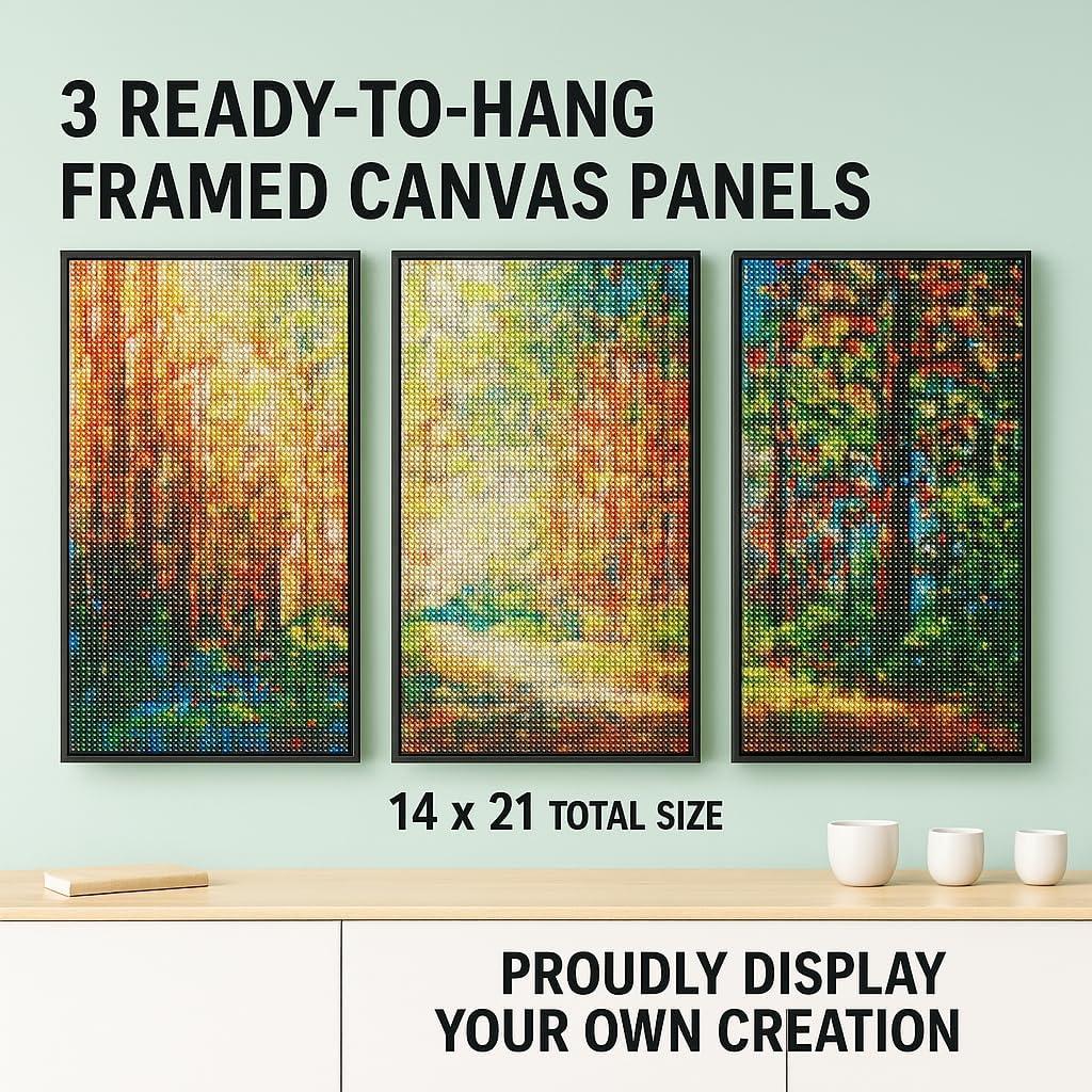 ArtSkills Diamond Painting Kit, Diamond Art Ready to Hang Framed Canvas with Storage and Accessory Kit, Forest, 3 Stretched Canvas Panels, 14” x 7” Each