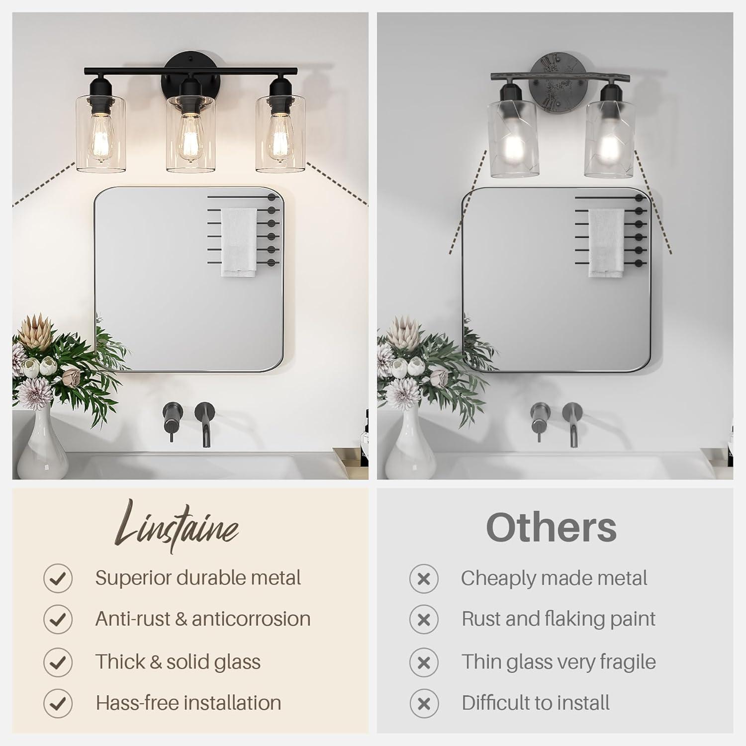 3-Light Bathroom Light Fixtures Bathroom Vanity Lights with Clear Glass Shades Matte Black Bathroom Light Fixtures over mirror for Mirror Living Room Cabinet Bedroom Porch