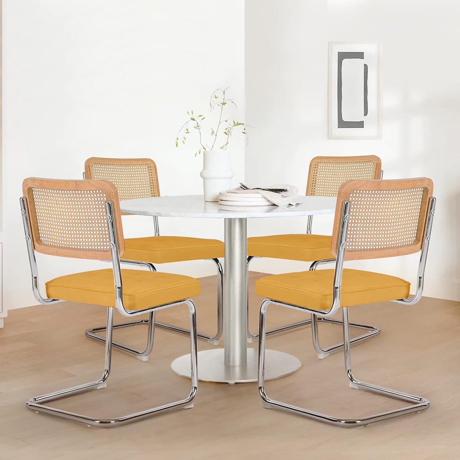 COLAMY Velvet Rattan Dining Chairs Set of 2, Mid Century Modern Dining Room Kitchen Side Chairs with Metal Chrome Legs and Upholstered Seat for Home, Living Room, Bedroom - Yellow