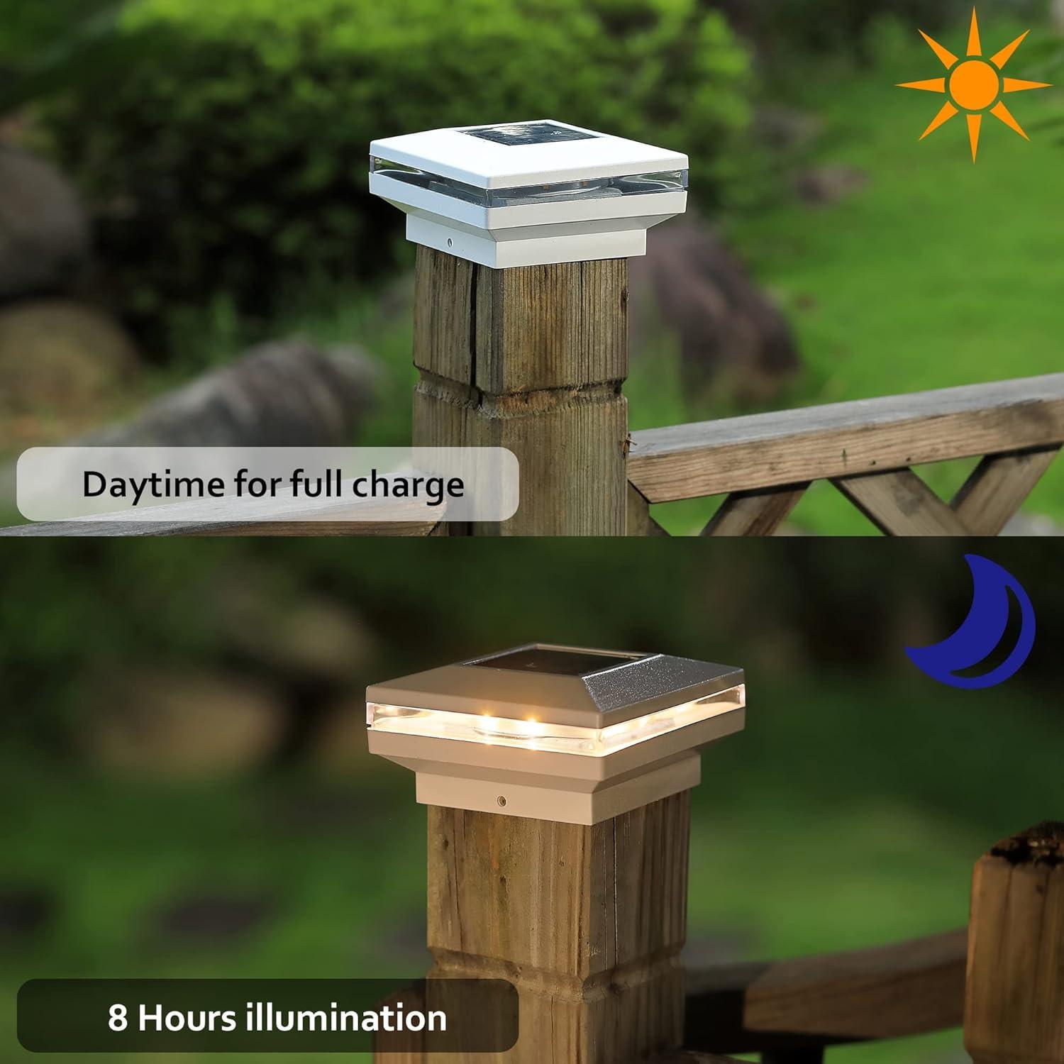 Dynaming 6 Pack Solar Post Cap Lights, Outdoor Decorative Post Solar Lights White Shell Caps Fit 4x4 5x5 6x6 Vinyl/Wooden Posts, Brightness Warm White LED Lighting for Garden Fence Deck Patio