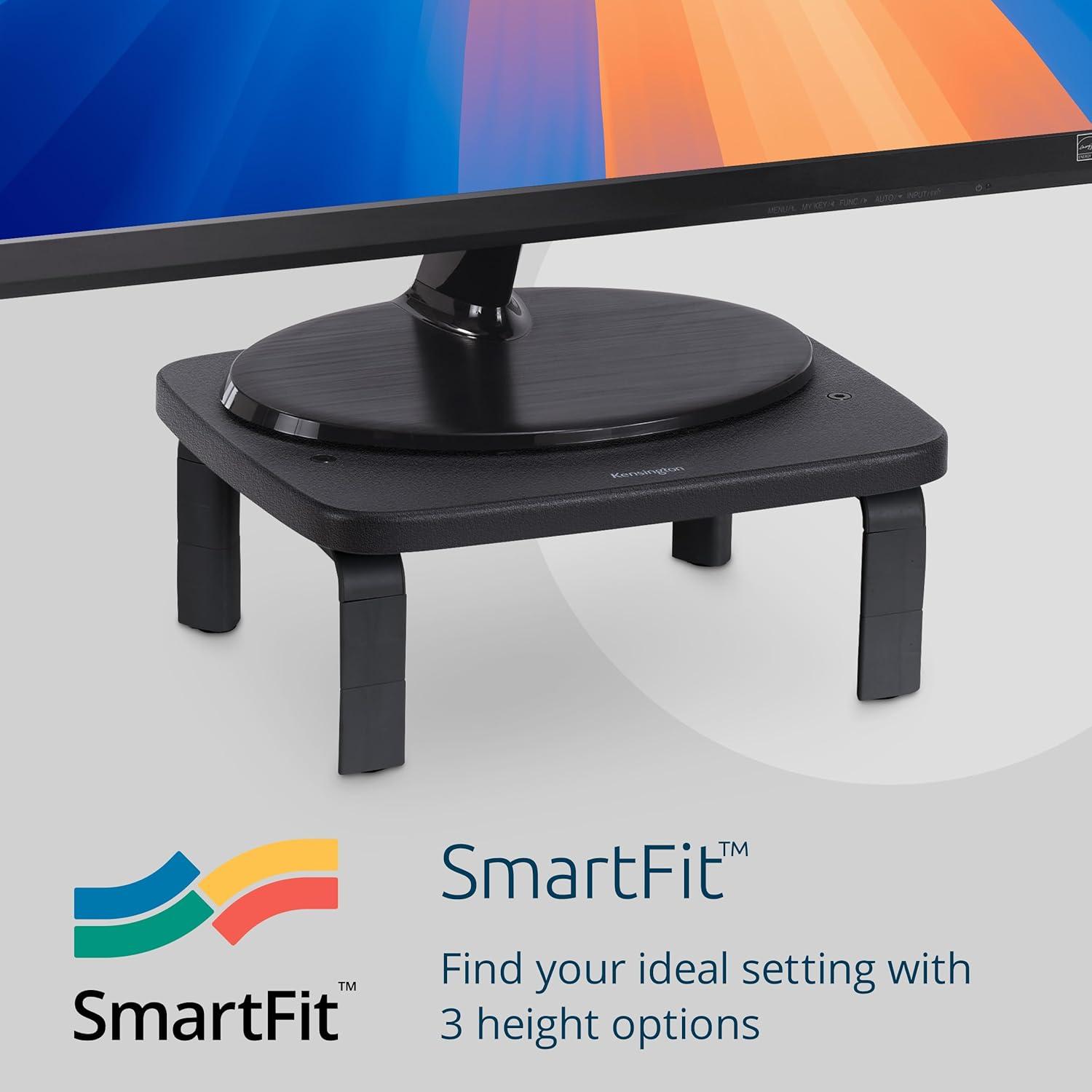 Kensington SmartFit Monitor Stands, 12.25" x 2.25" x 1.75" to 4.75", Black, Supports 40 lbs