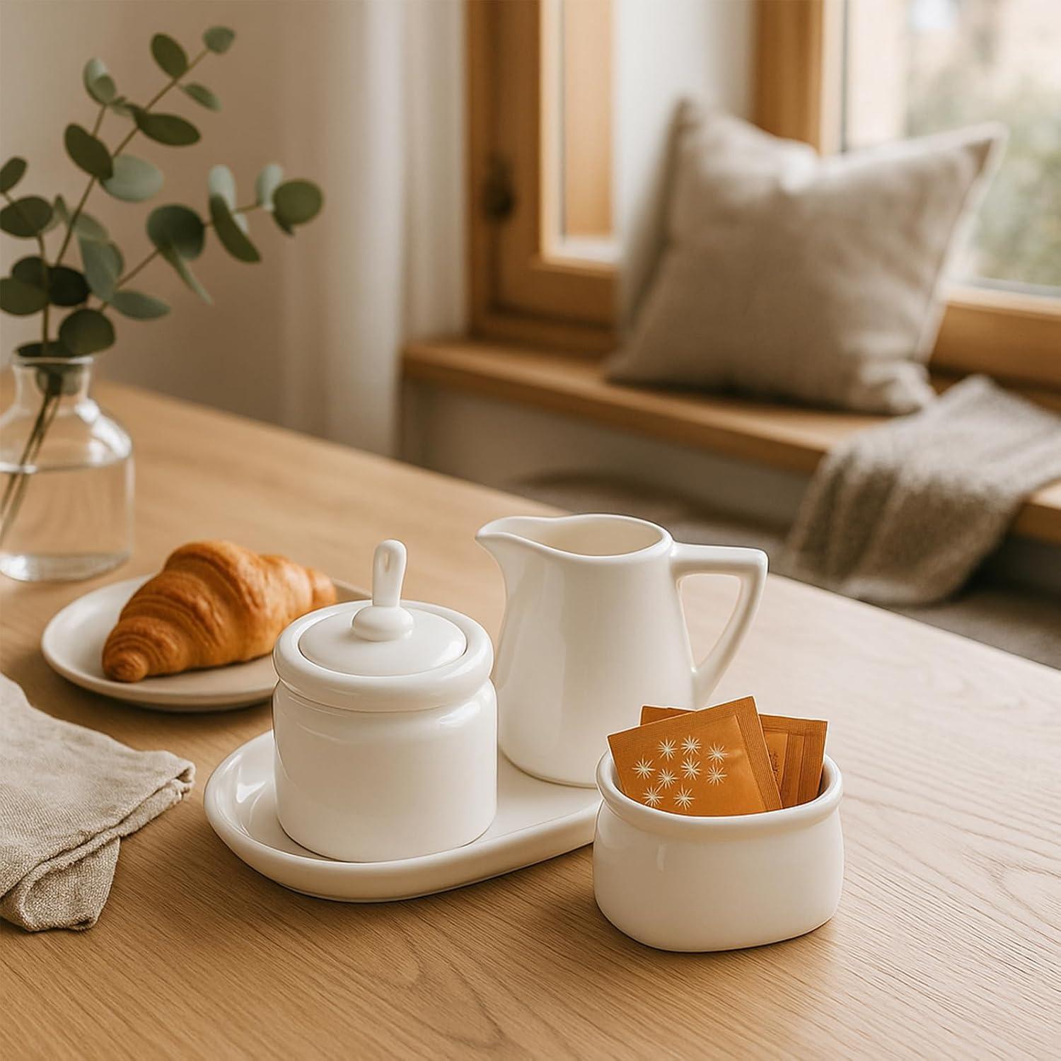 Stack man Set Of 4 Porcelain Creamer And Sugar Set With Saucer, Sugar Bowl With Lid And Spoon, Cream Pitcher, Sweetener Holder, Coffee Serving Set For Kitchen Home Cafe Party, Restaurant, White