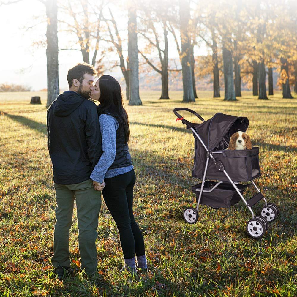 4 Wheels Pet Stroller Cat Dog Cage Stroller Travel Folding Carrier with Cup Holders and Removable Liner for Small-Medium Dog, Cat (Pink)