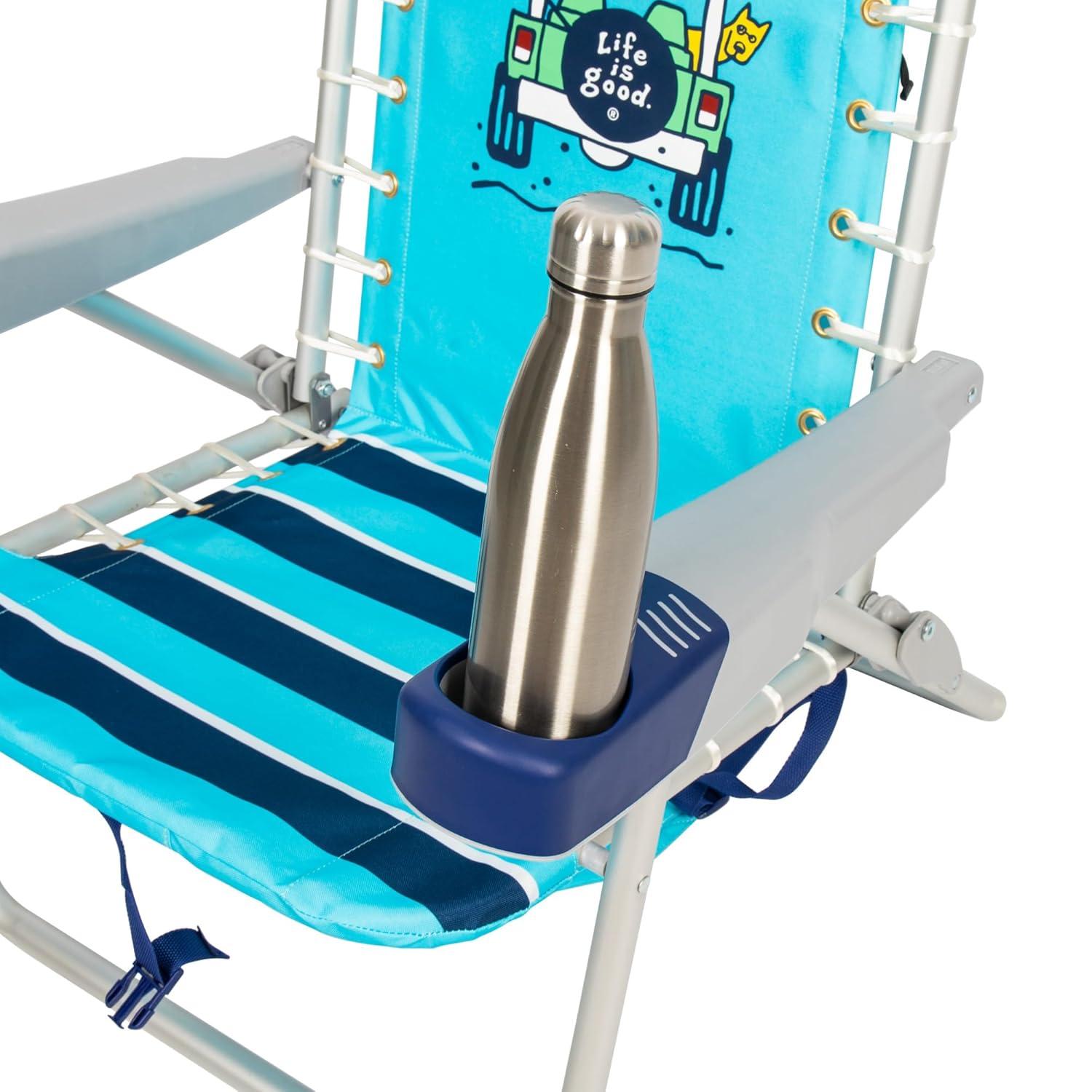 Life is Good 4-Position Lace-up Backpack Beach Chair with Pillow, Cup and Phone Holder, Island Blue