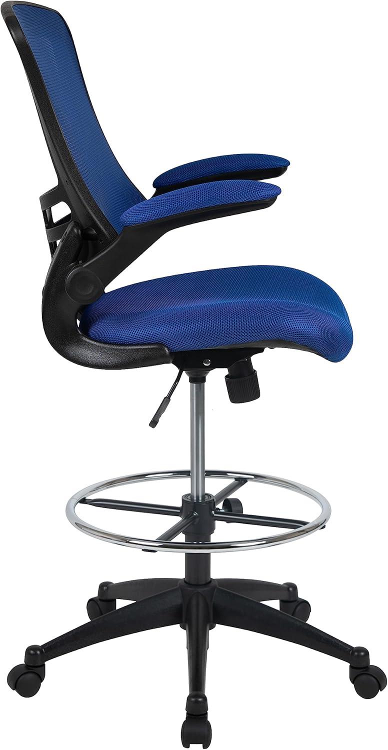 Flash Furniture Kelista Mid-Back Blue Mesh Ergonomic Drafting Chair with Adjustable Foot Ring and Flip-Up Arms