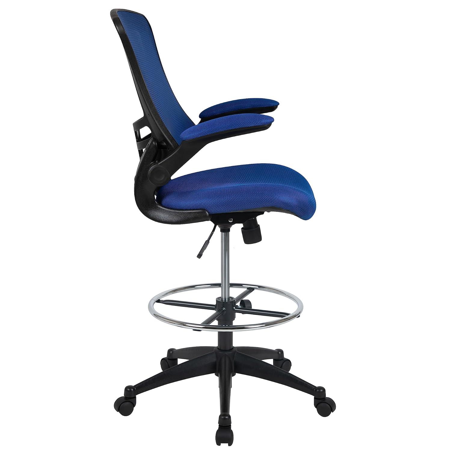Emma and Oliver Mid-Back Red Mesh Ergonomic Drafting Chair with Foot Ring and Flip-Up Arms