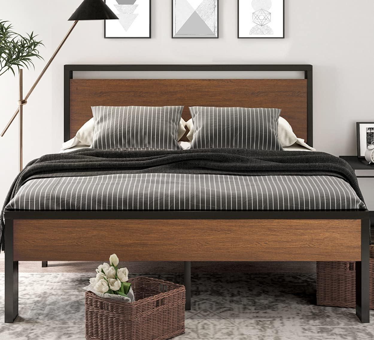 14 Inch Queen Size Metal Platform Bed Frame with Wooden Headboard and Footboard,No Box Spring Needed