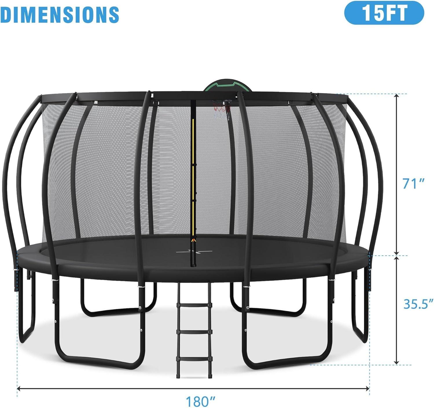 15FT Black Trampoline with Safety Enclosure and Ladder