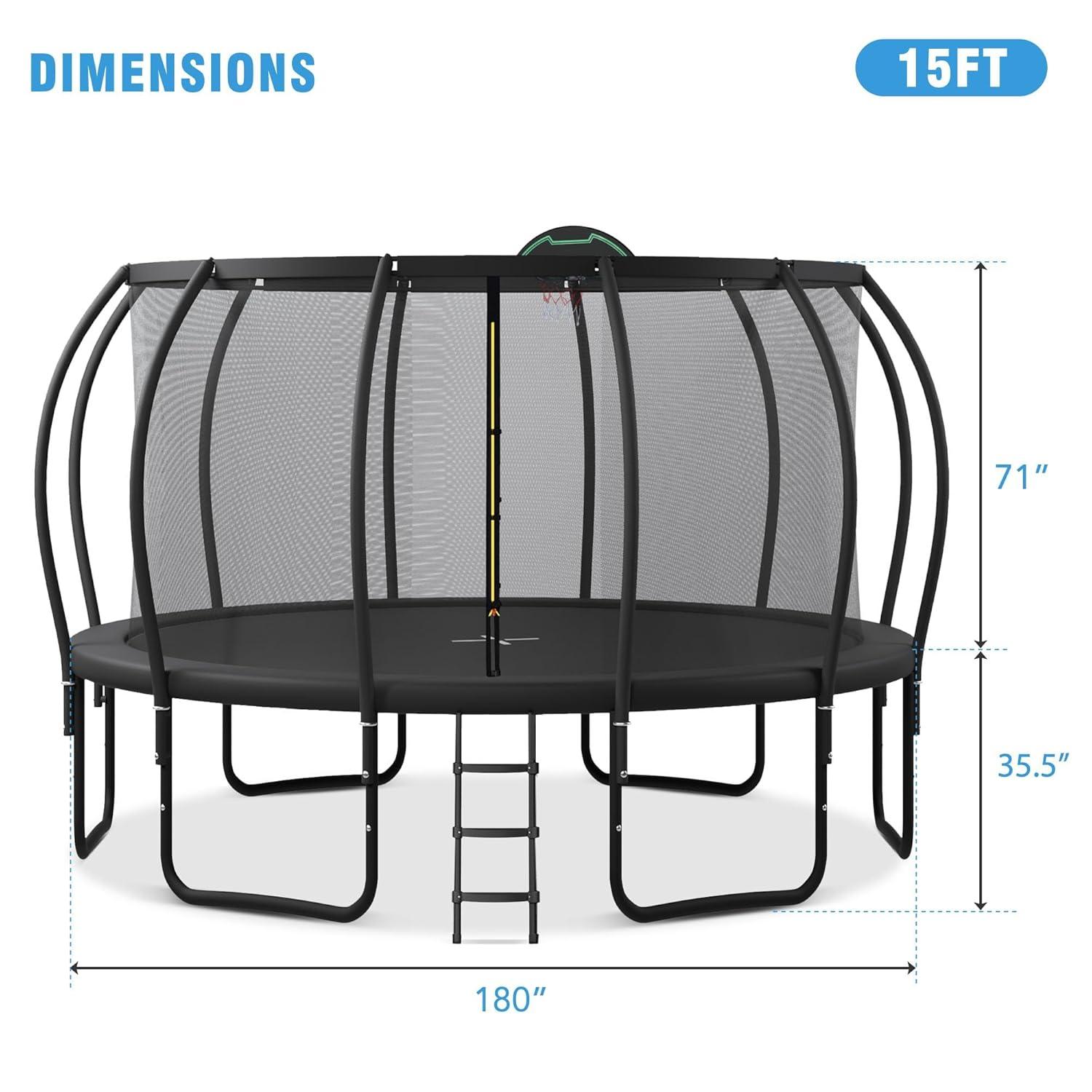 Trampoline Outdoor, 15 FT Trampoline with Enclosure Net and Ladder, Built-in 5 W-Shaped Legs and Basketball Board, Recreational Trampolines Family Jumping Workout, Outdoor Trampoline for Kids, Adults