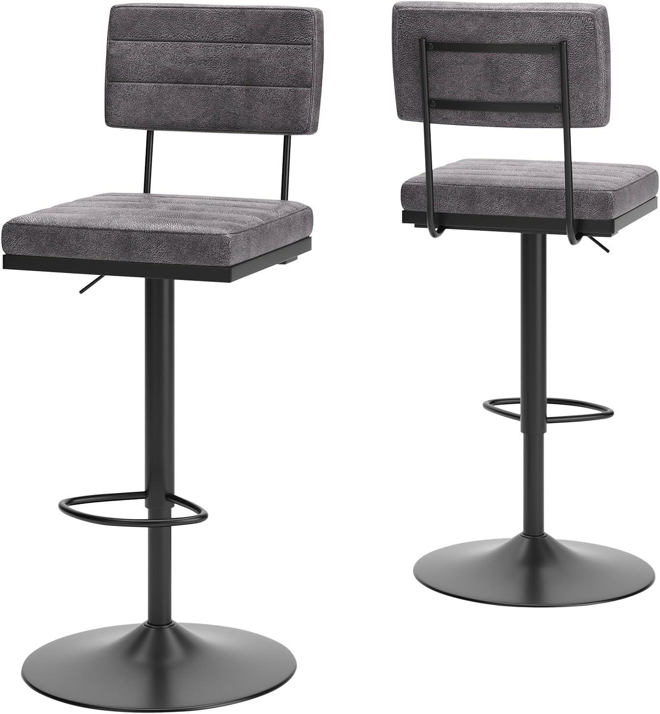 Gray Faux Leather Adjustable Swivel Bar Stools with Black Metal Base, Set of 2