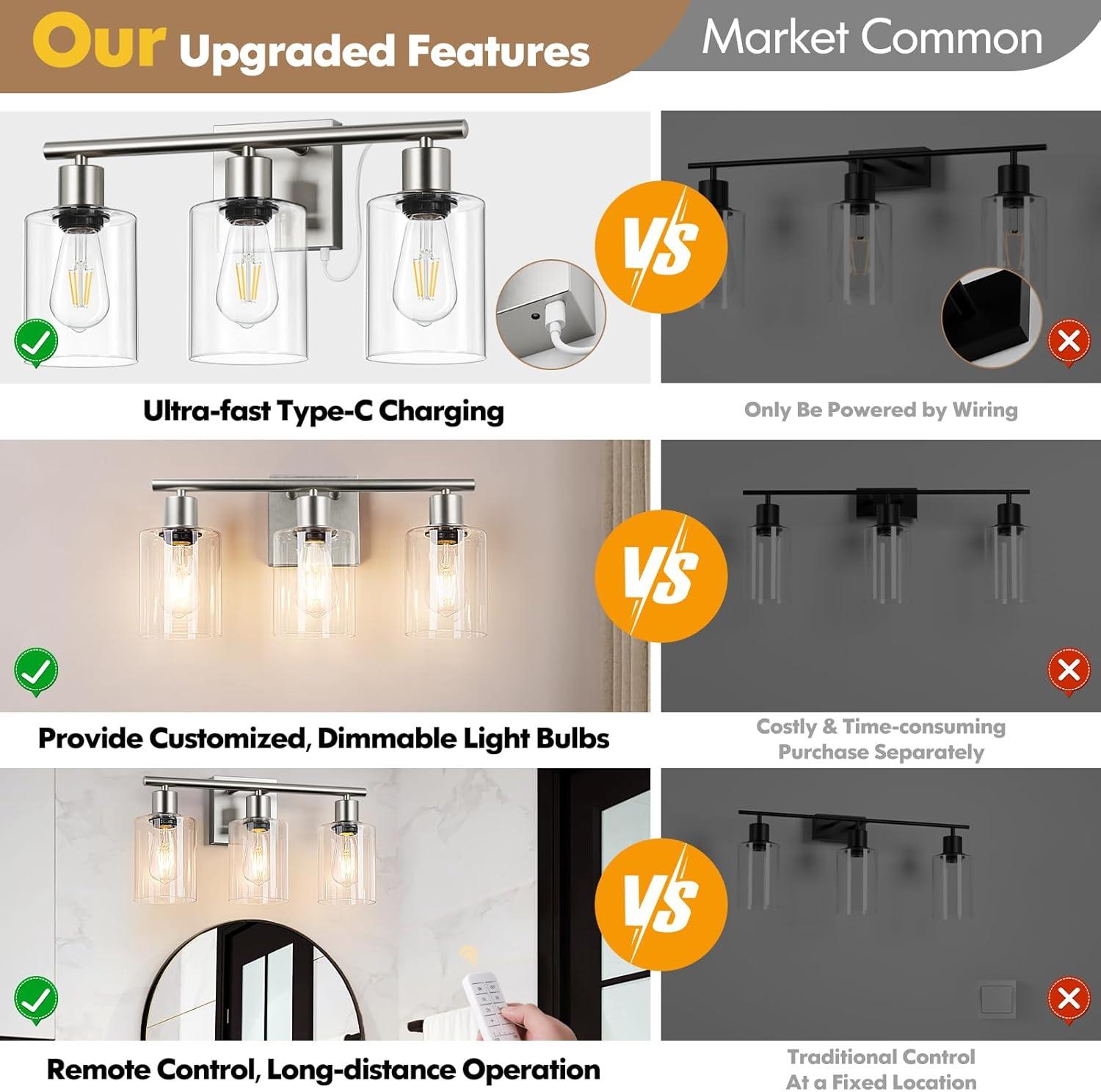 Vanity Wall Light Fixtures, Modern 3 Lights Wall Sconce with Clear Glass Shade, Brushed Nickel Farmhouse Wall Lamp for Bathroom Mirror Kitchen Porch Living Room Workshop (E26 Base)